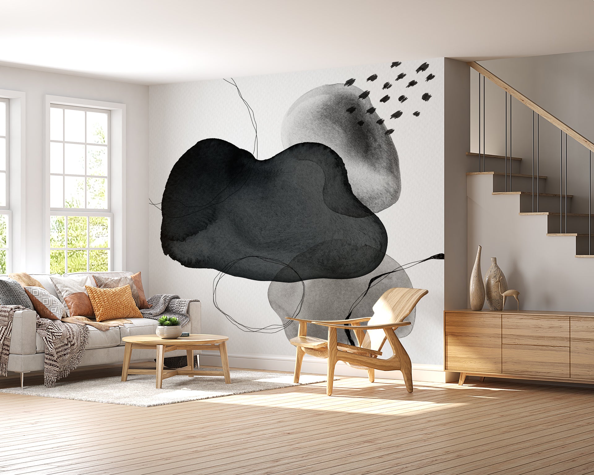 Papier peint moderne aquarelle noir et blanc, mural concept, tendance