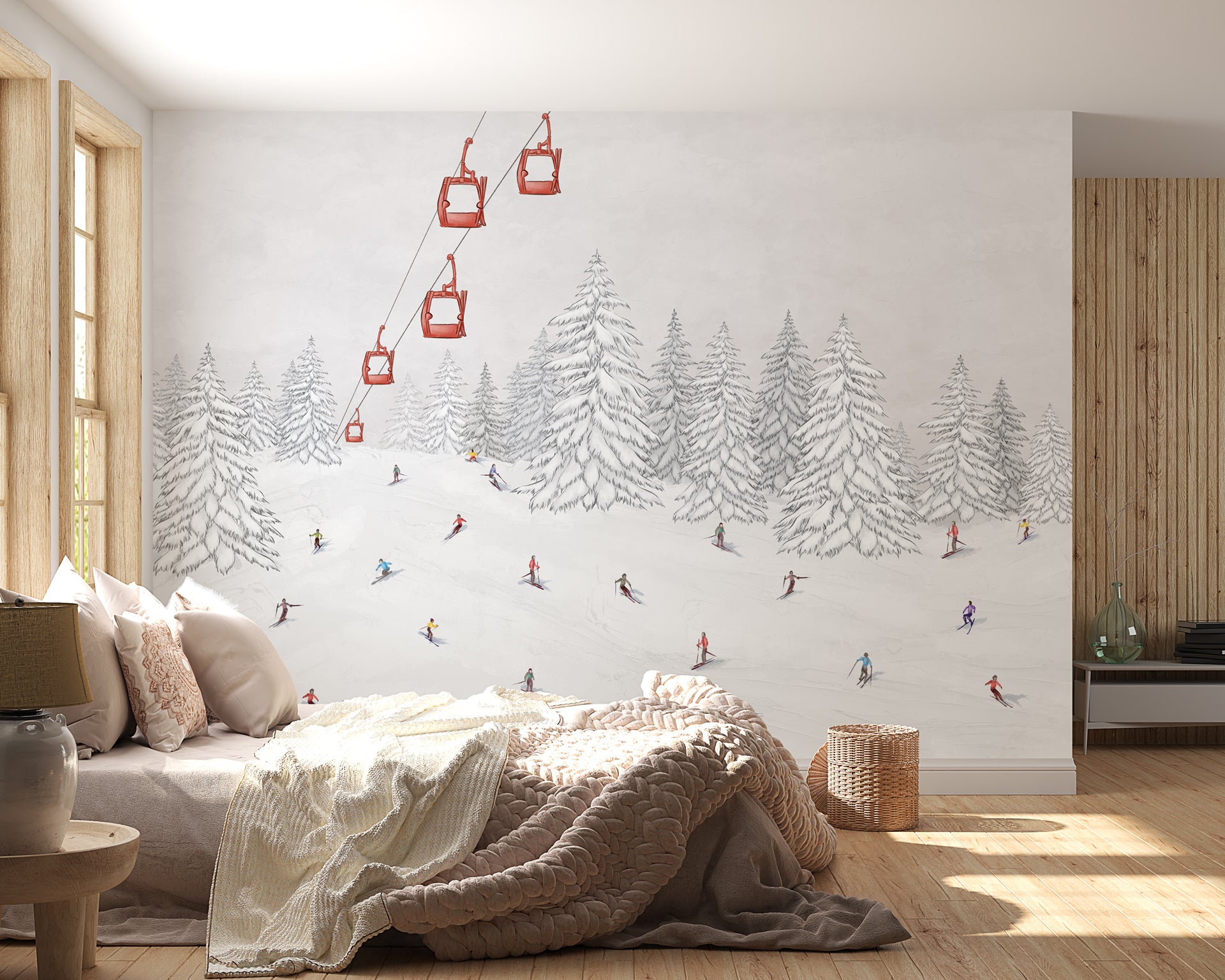 Papier peint télécabine skieurs colorés, mural concept, tendance