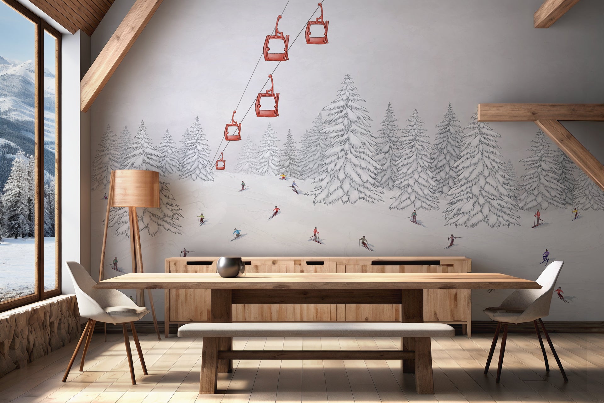 Papier peint télécabine skieurs colorés, mural concept, tendance