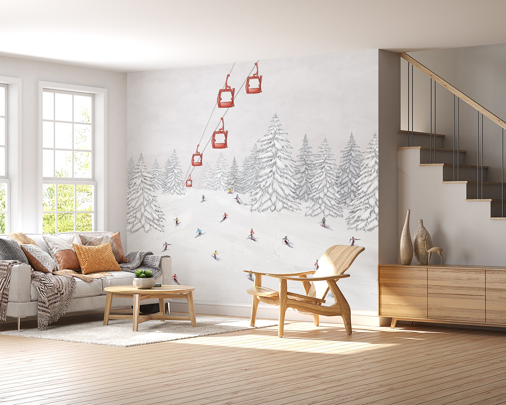 Papier peint télécabine skieurs colorés, mural concept, tendance