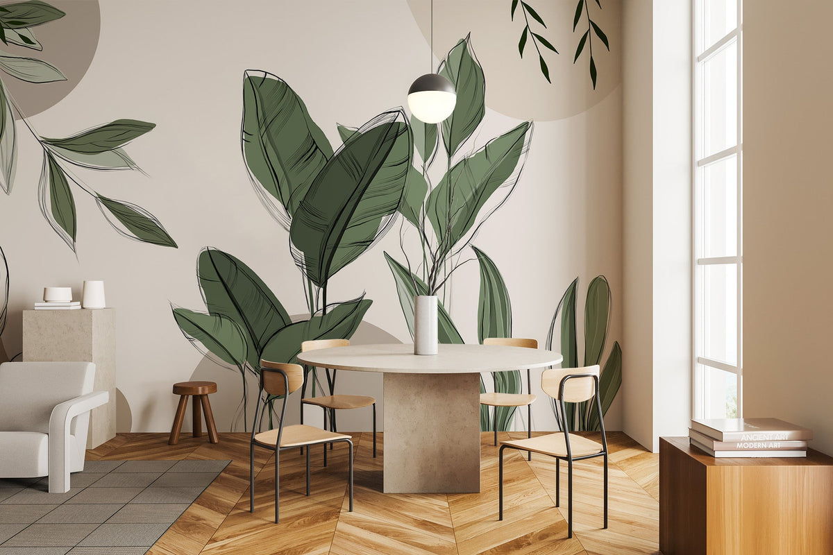 Taupe graphic plant panoramic wallpaper