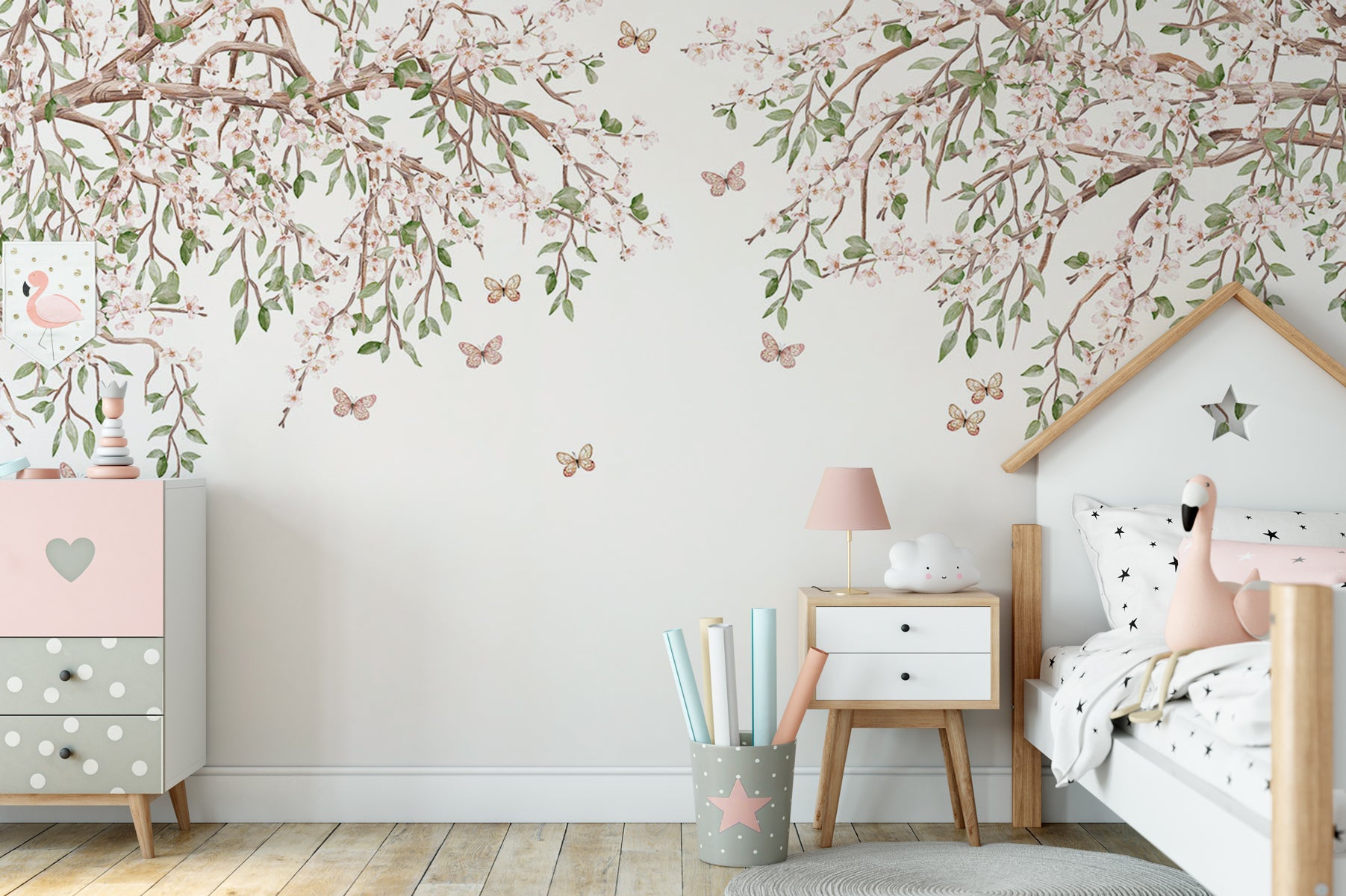 Papier peint papillons et fleurs, mural concept, tendance