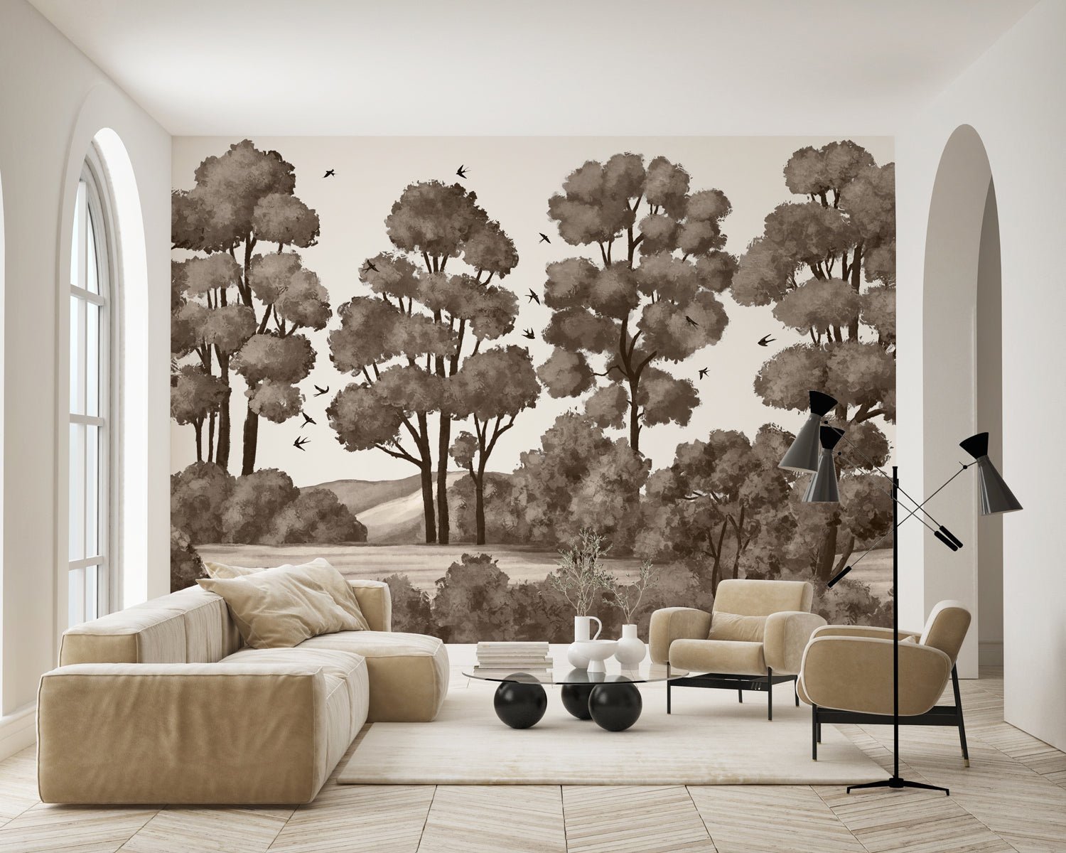 Papier peint paysage rivière forêt sépia, XXL, tendance