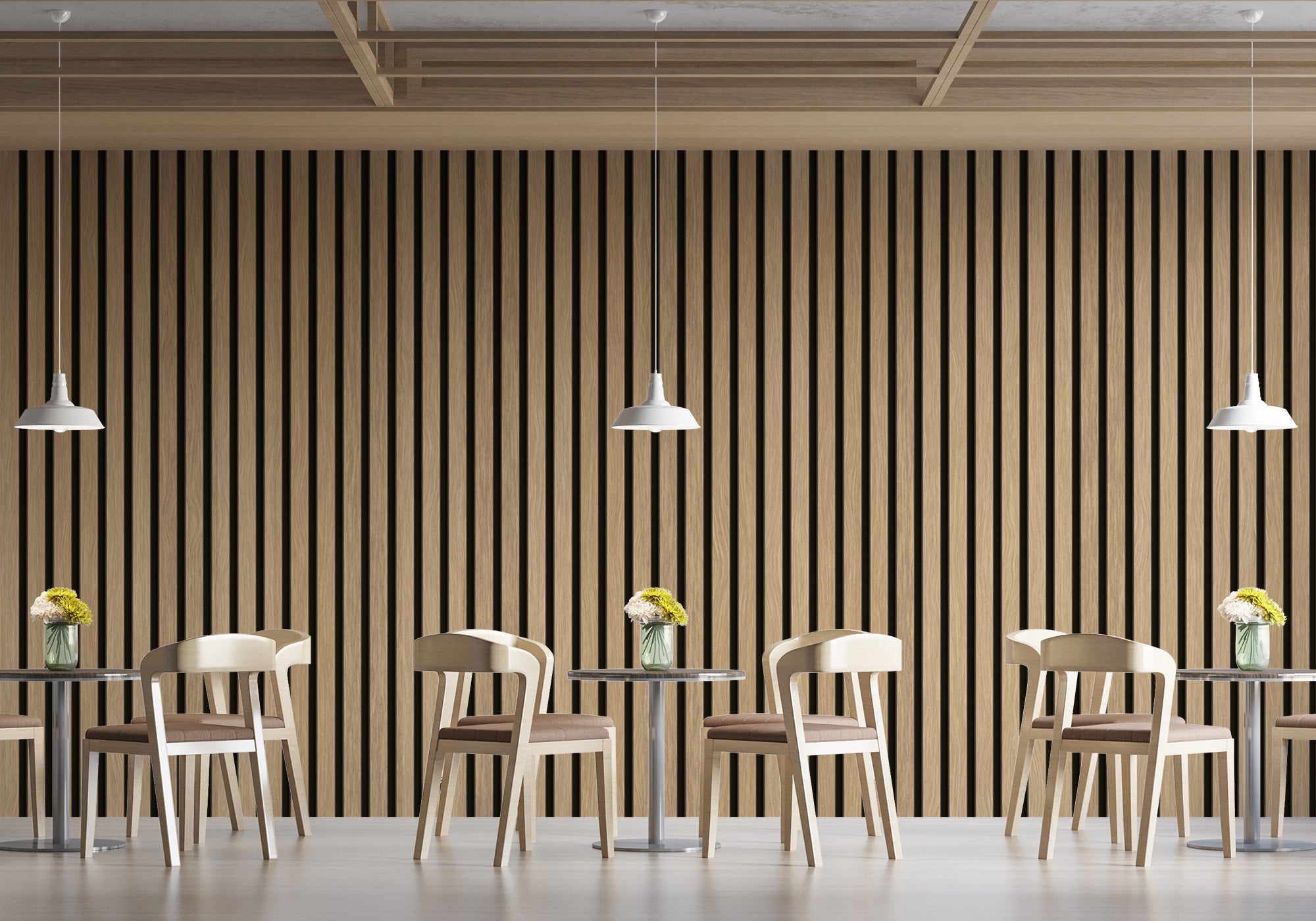 Papier peint restaurant tasseau de bois fond noir, mural concept, tendance