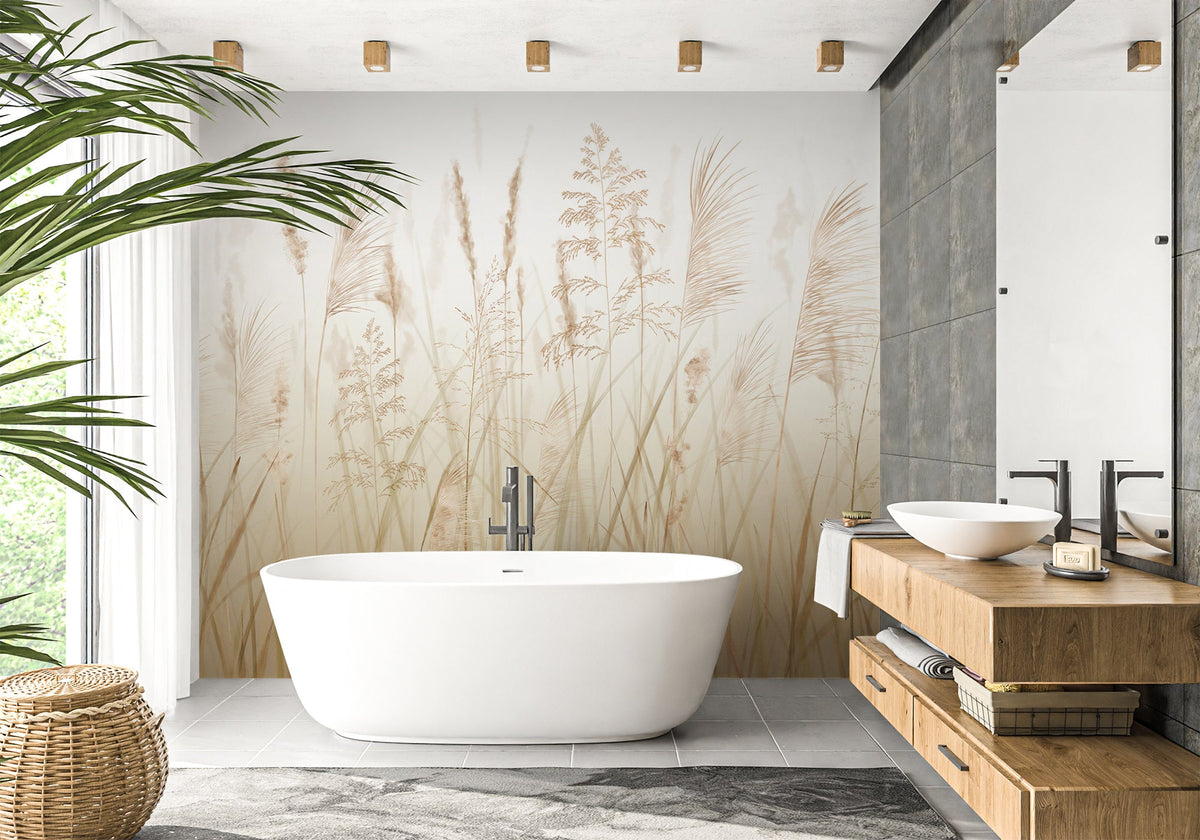 Beige wheat field bathroom wallpaper