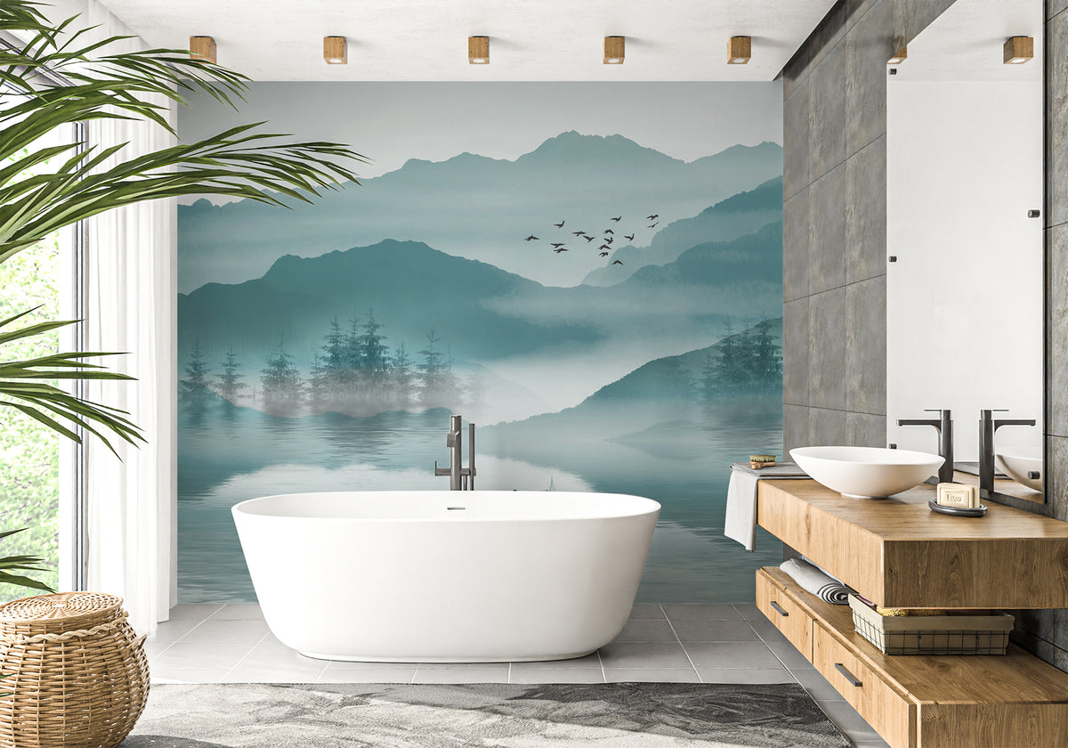 Bathroom wallpaper between mountain and lake