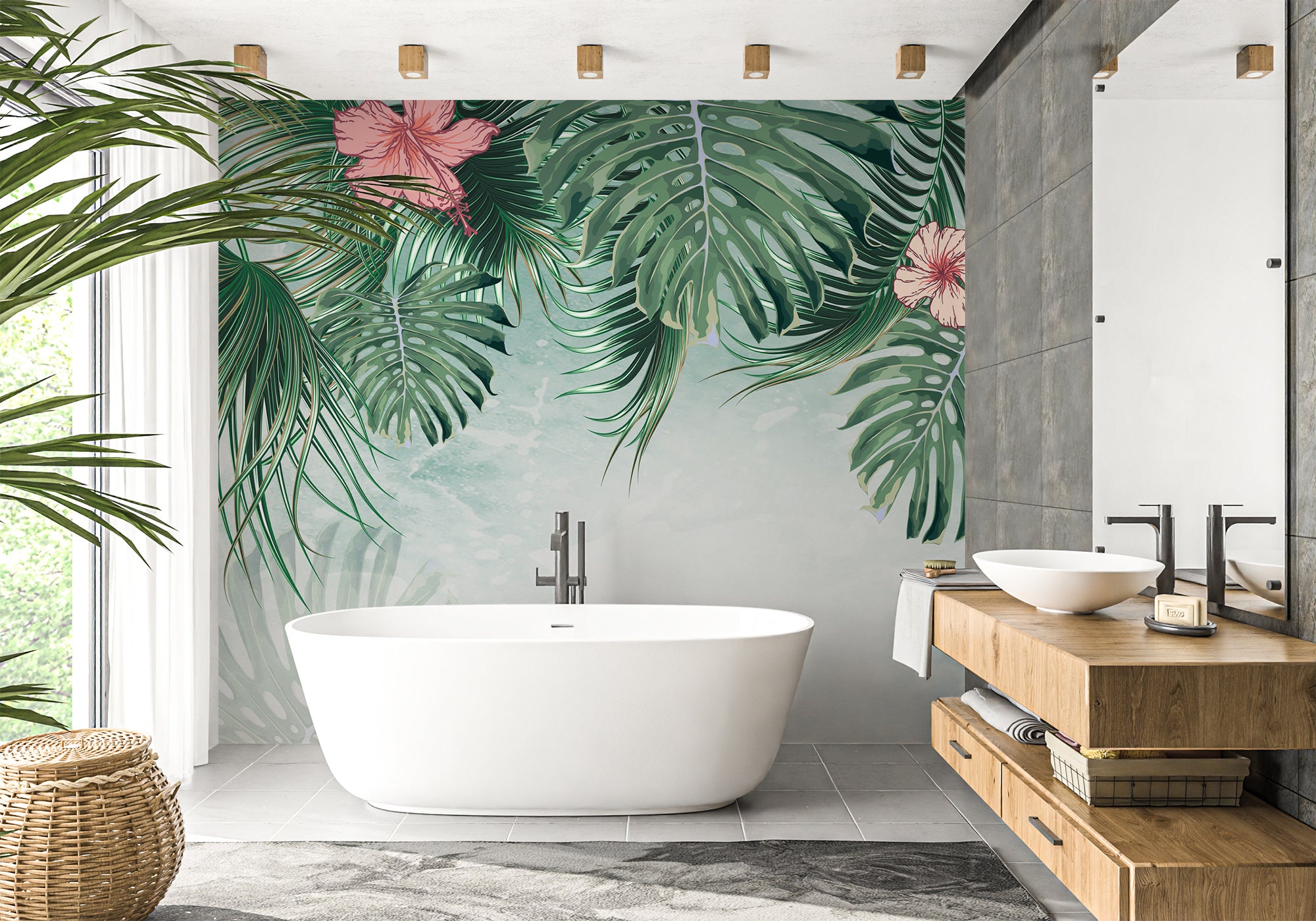 Papier peint salle de bain fleur de palmier, mural concept, tendance