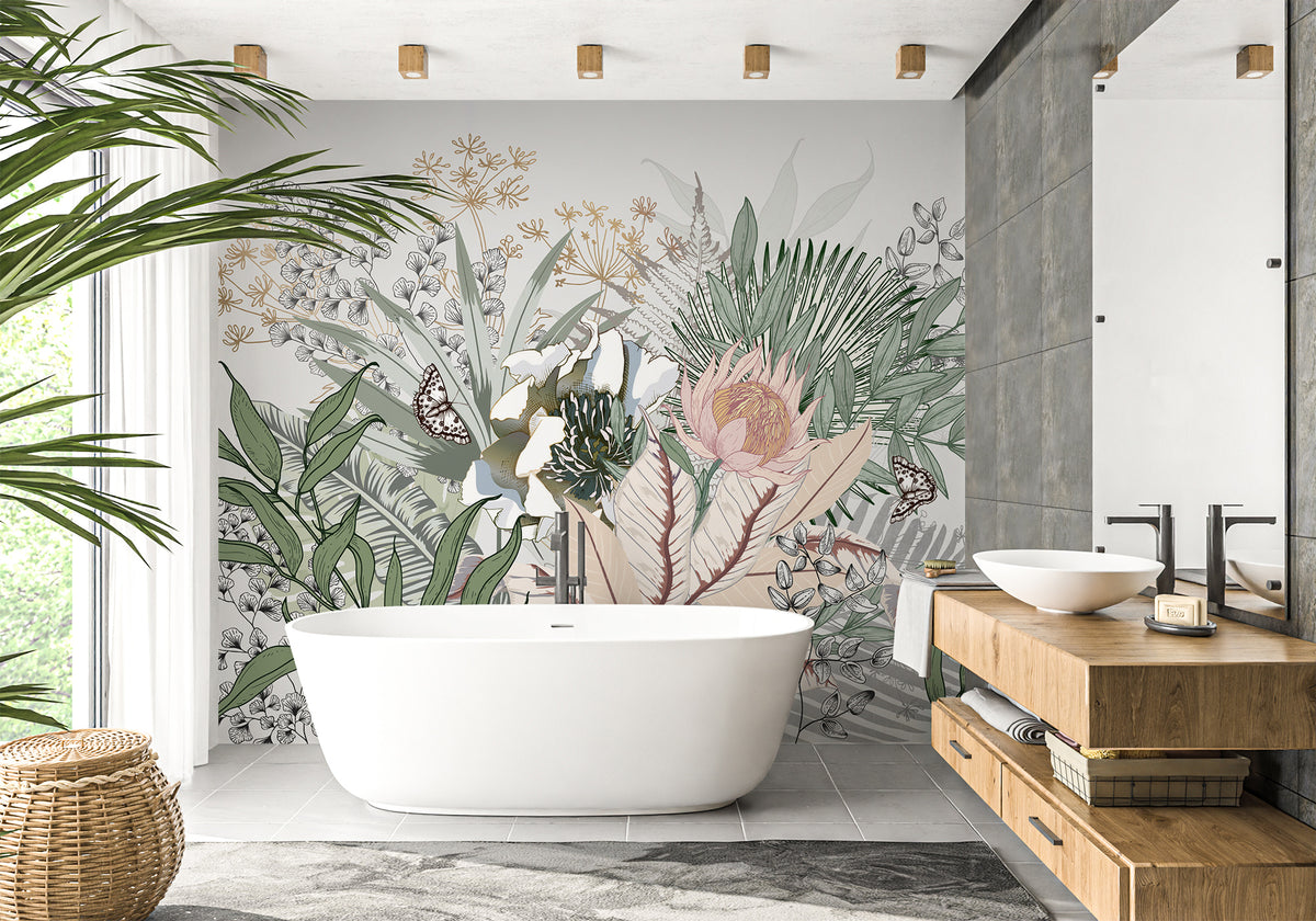Botanic floral bathroom wallpaper
