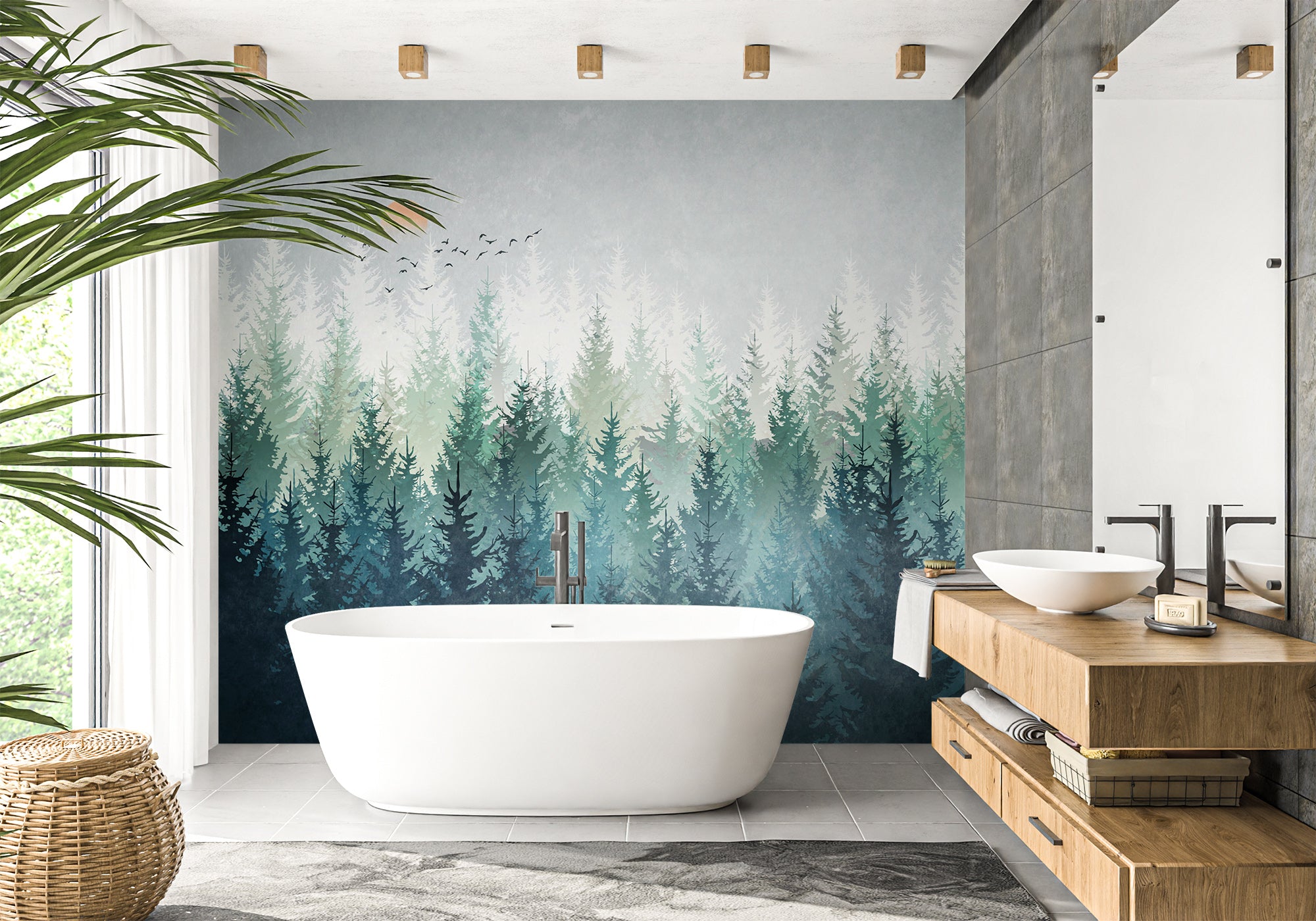 Papier peint salle de bain forêt canadienne abstrait, mural concept, tendance