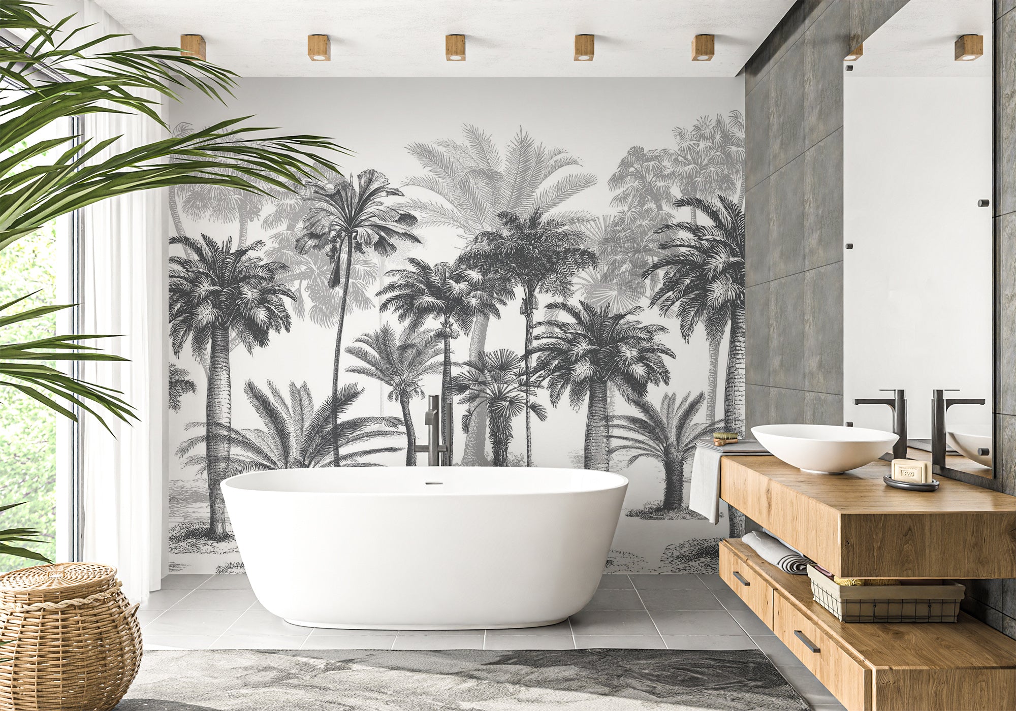 Papier peint salle de bain Jungle Black & White, mural concept, tendance