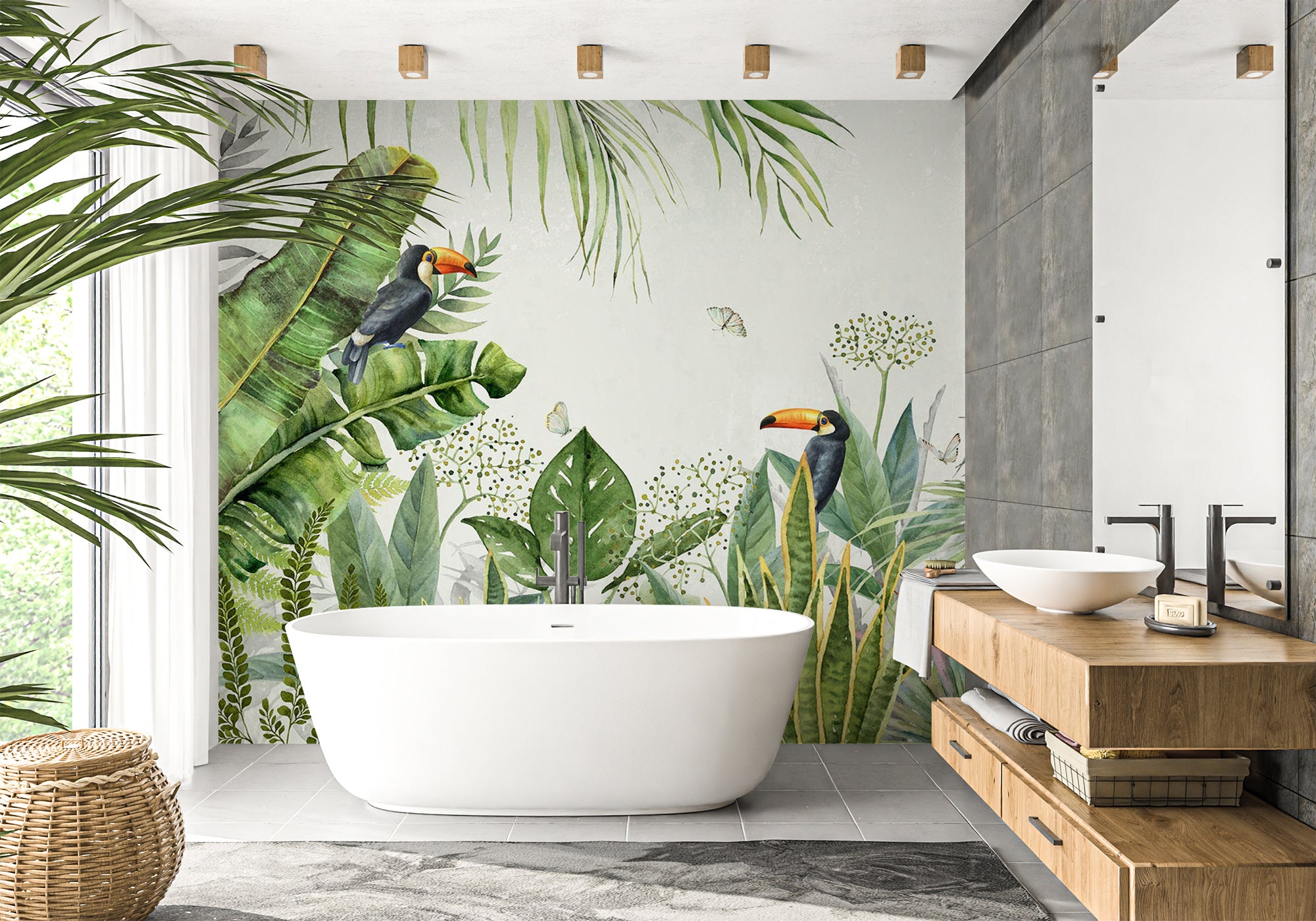 Papier peint salle de bain jungle oiseau exotique, mural concept, tendance