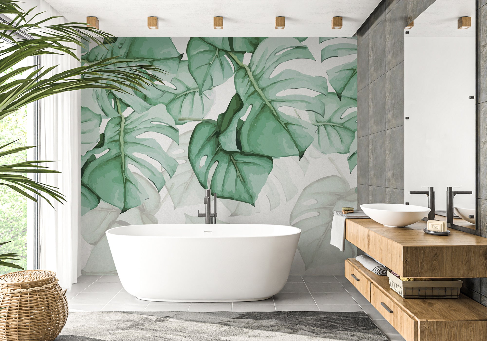 Papier peint salle de bain Large Leaf & Scandinave, mural concept, tendance