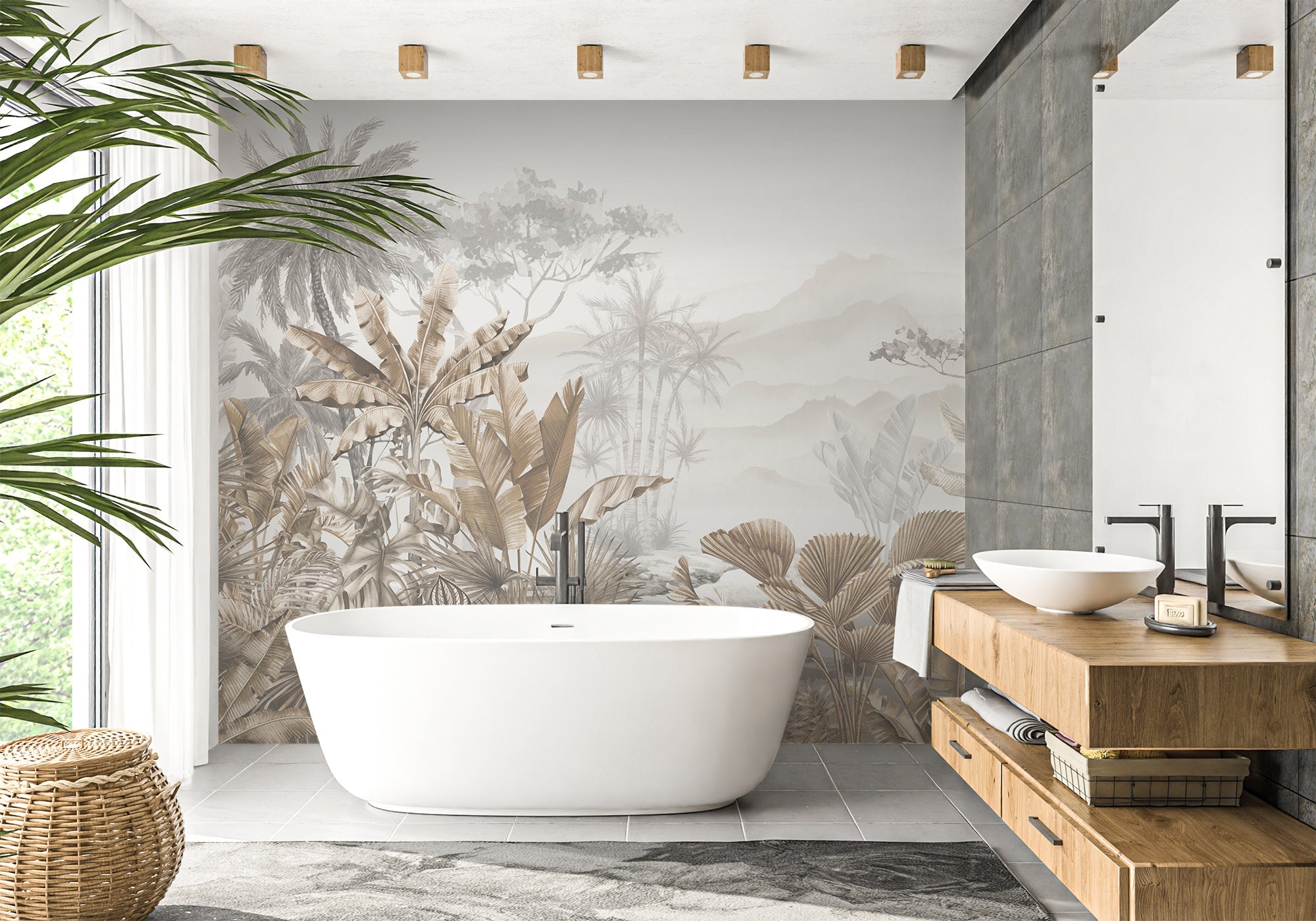 Papier peint salle de bain tendance tropical sépia, XXL, tendance