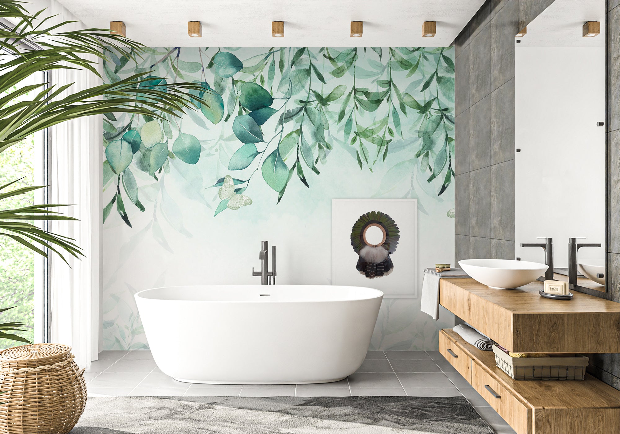 Papier peint salle de bain végétale eucalyptus, mural concept, tendance