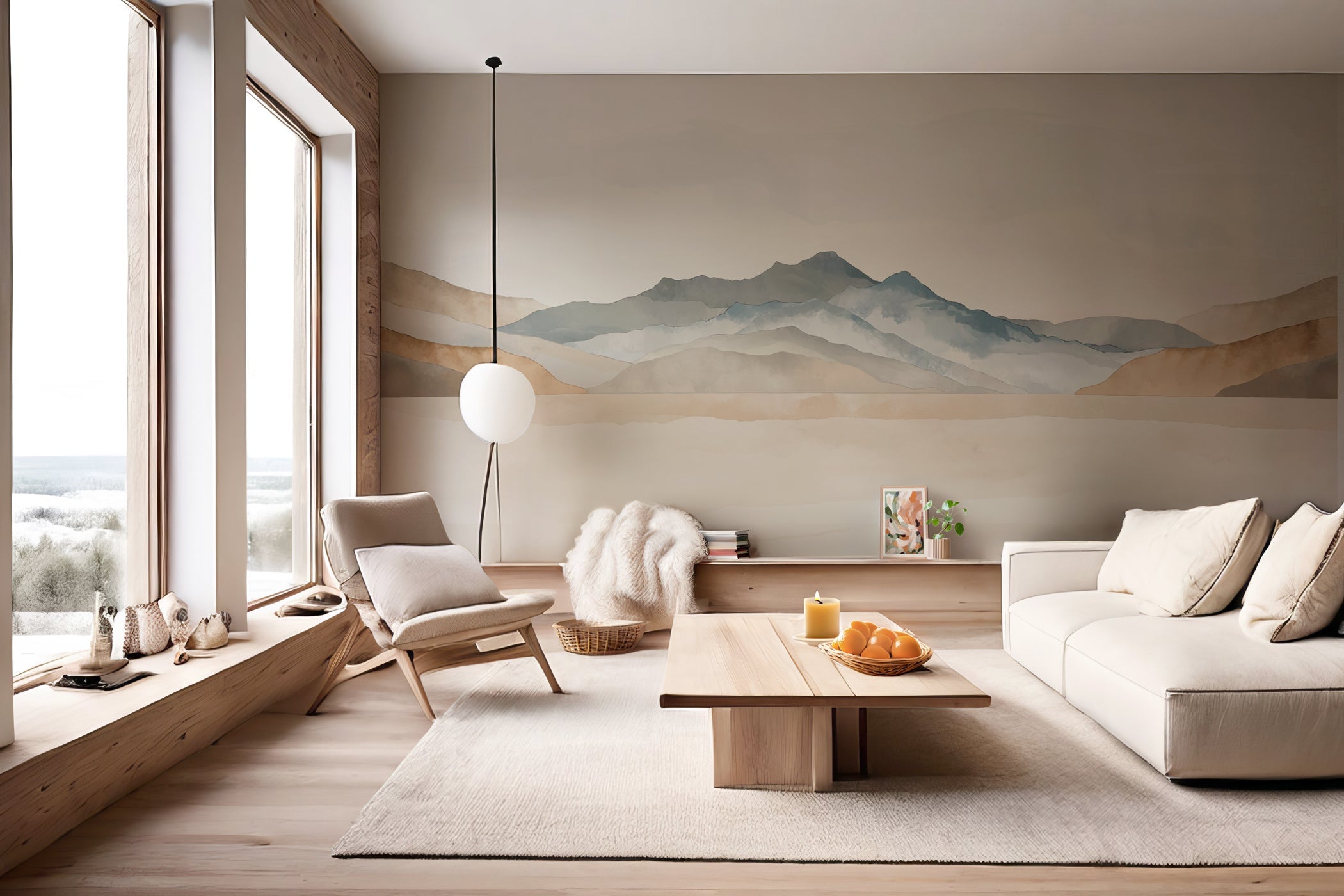 Papier peint panoramique montagne aquarelle pastel – Décor mural paysage apaisant - Muralconcept