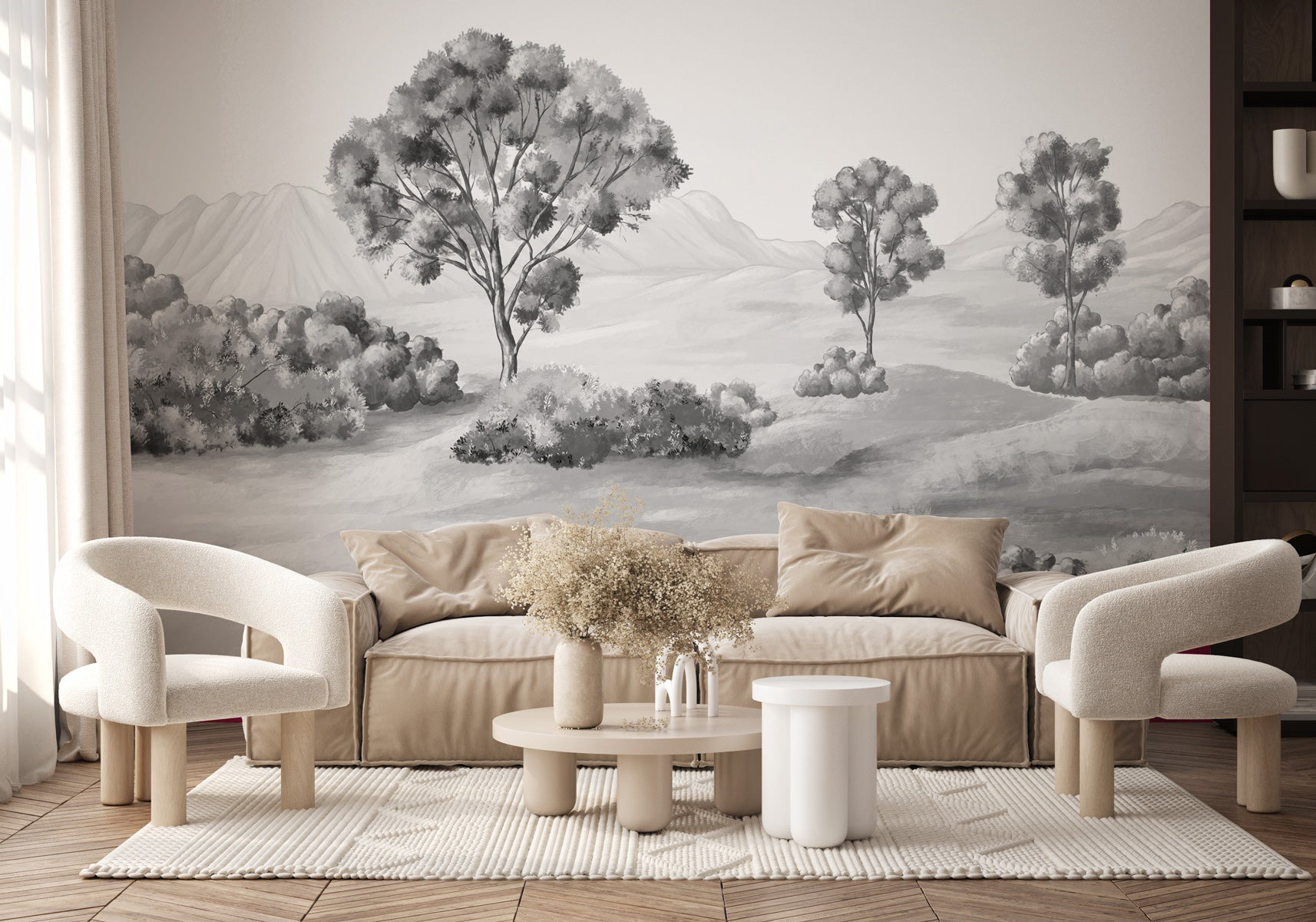 Papier peint paysage poétique noir et blanc, XXL, tendance