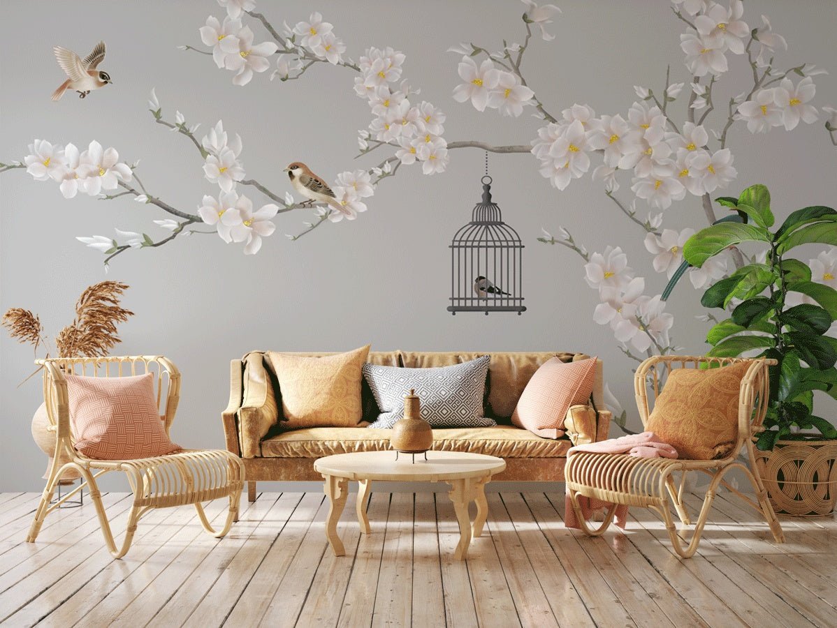 Romantic living room wallpaper with blossoming trees