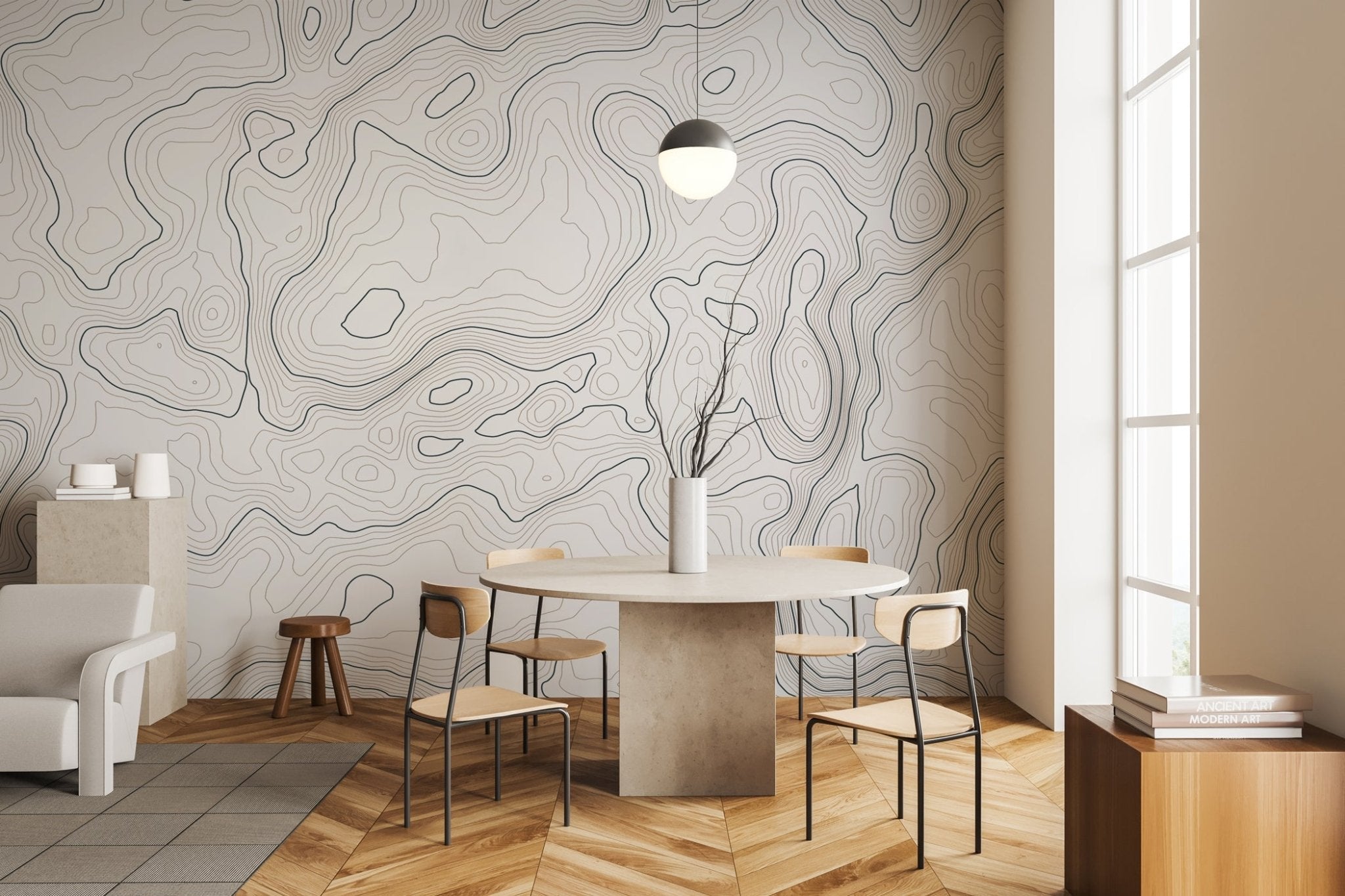 Papier peint ligne topographique - Noir et blanc, XXL, tendance