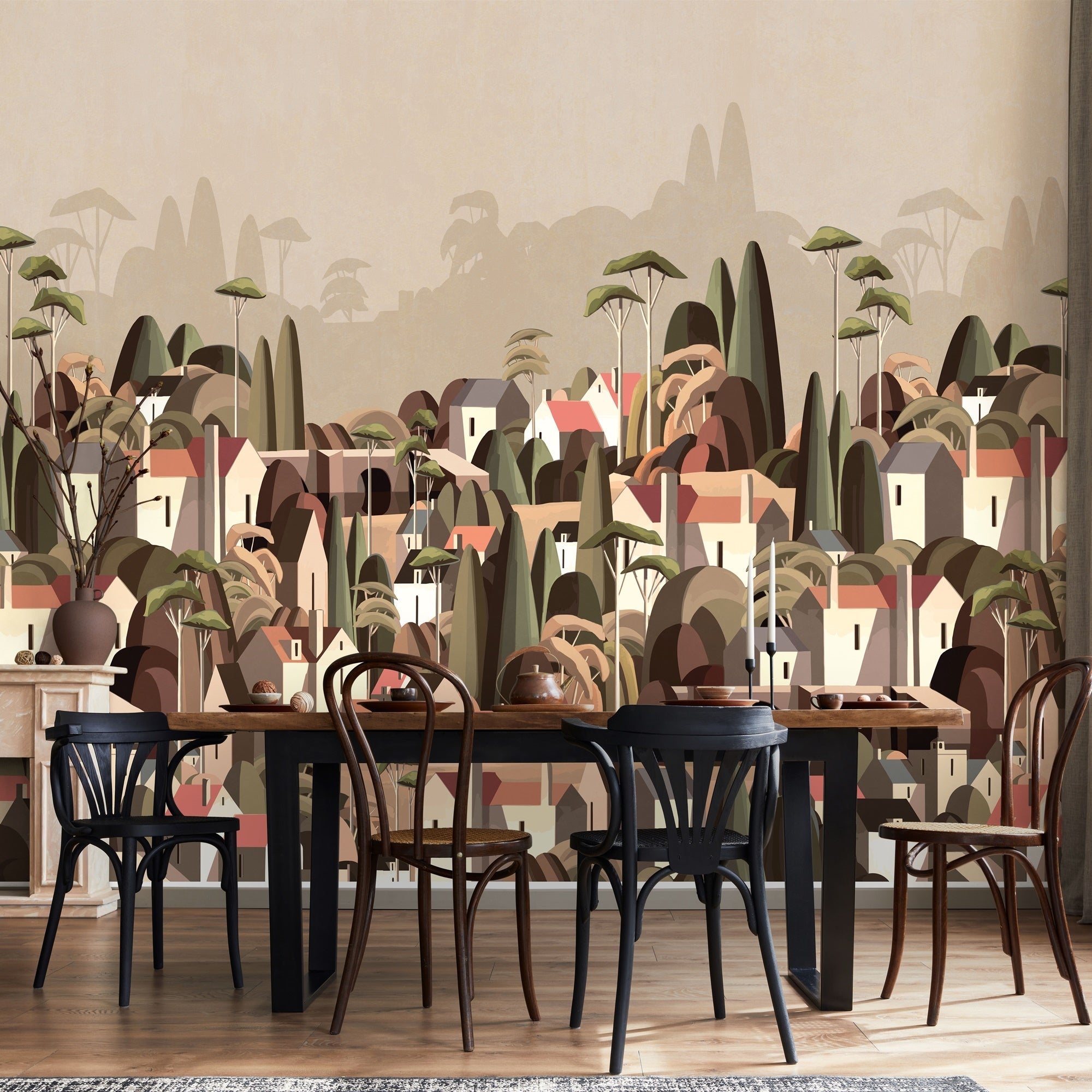 Papier peint village maisons exotiques, mural concept, tendance