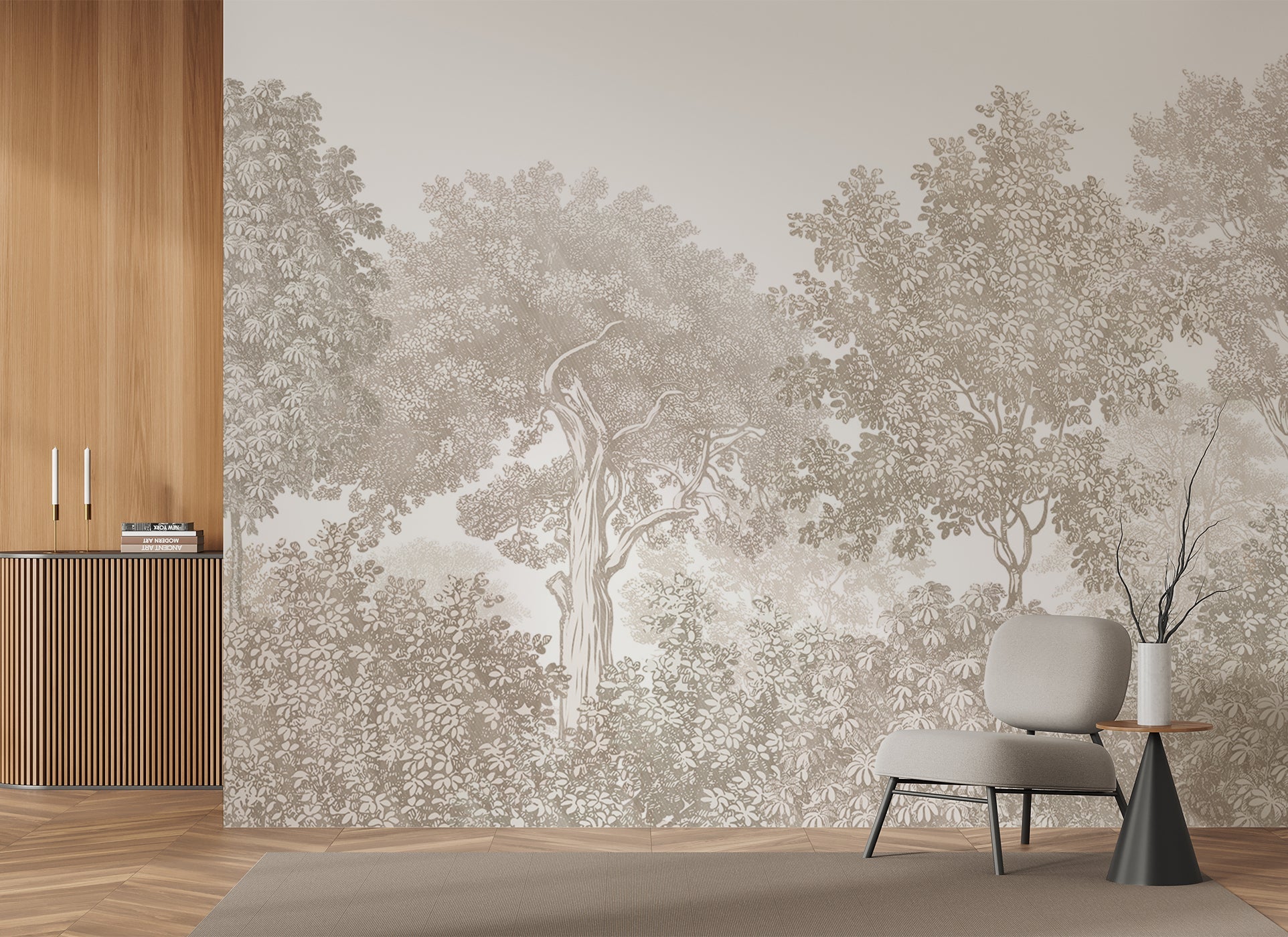 Papier peint paysage forêt gravure beige - Muralconcept