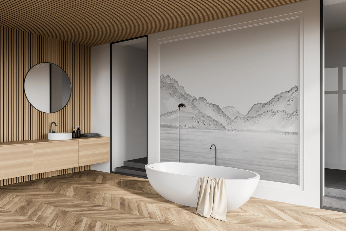 Papier peint lac Annecy noir et blanc- Relief Pointillé