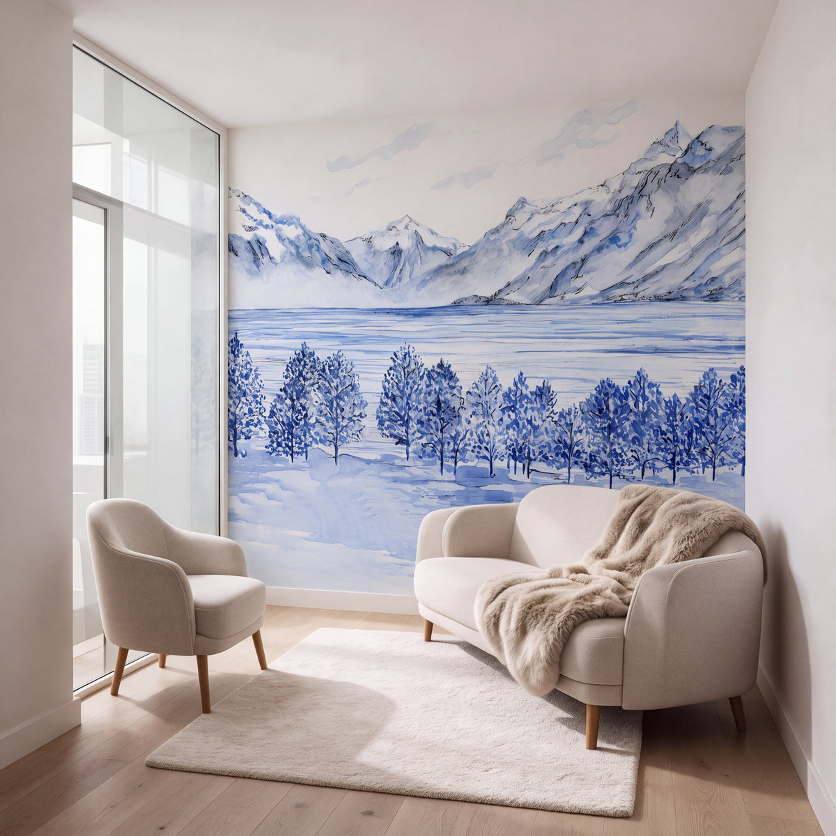 Papier peint panoramique Lac Léman rives alpines – Aquarelle et encre de Chine