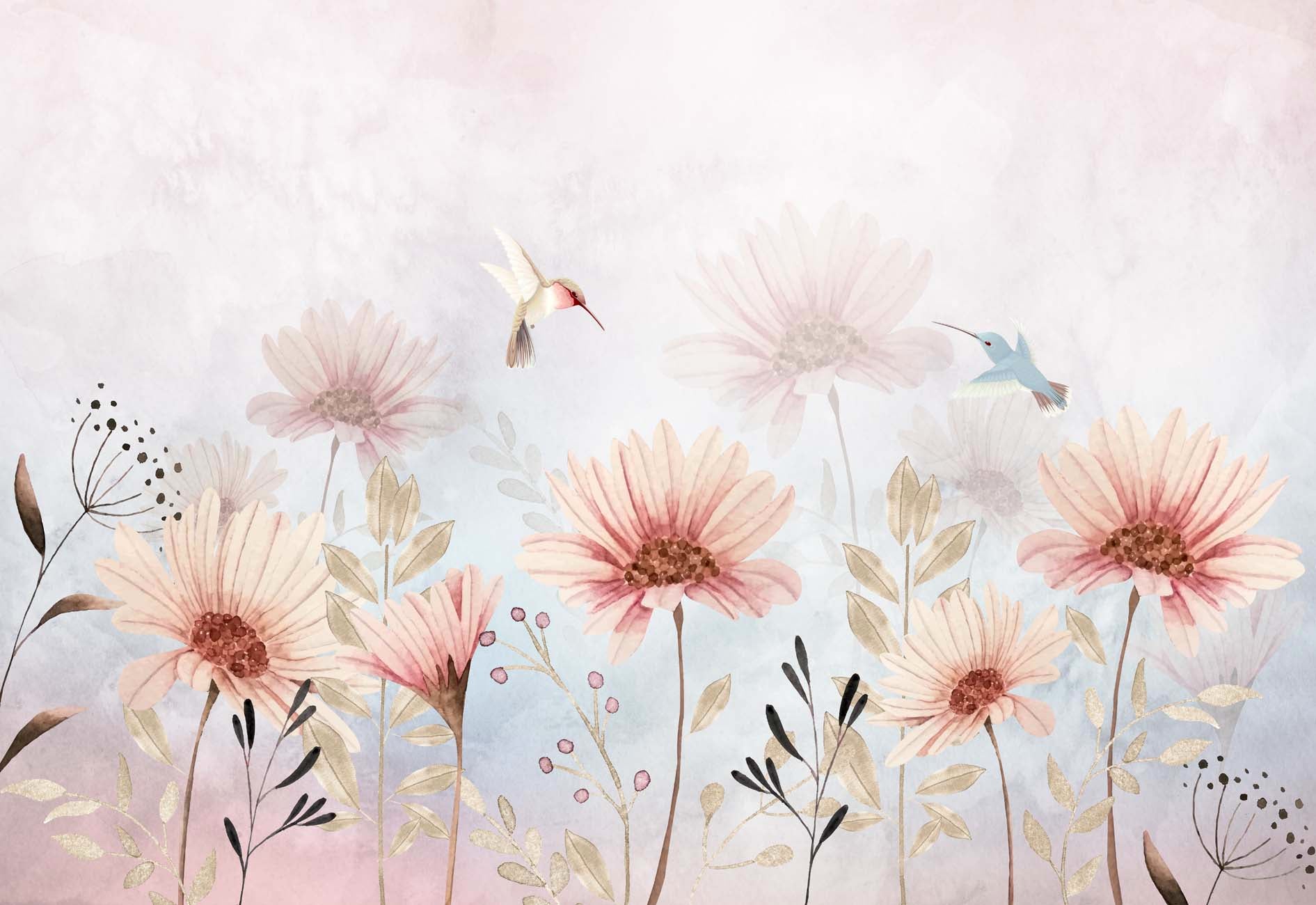 Papier peint fleurs bucoliques & colibri, XXL, tendance