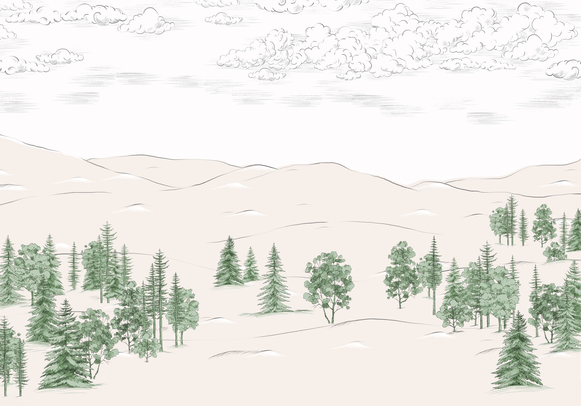 Papier peint esquisse de Cimes vert, mural concept, tendance