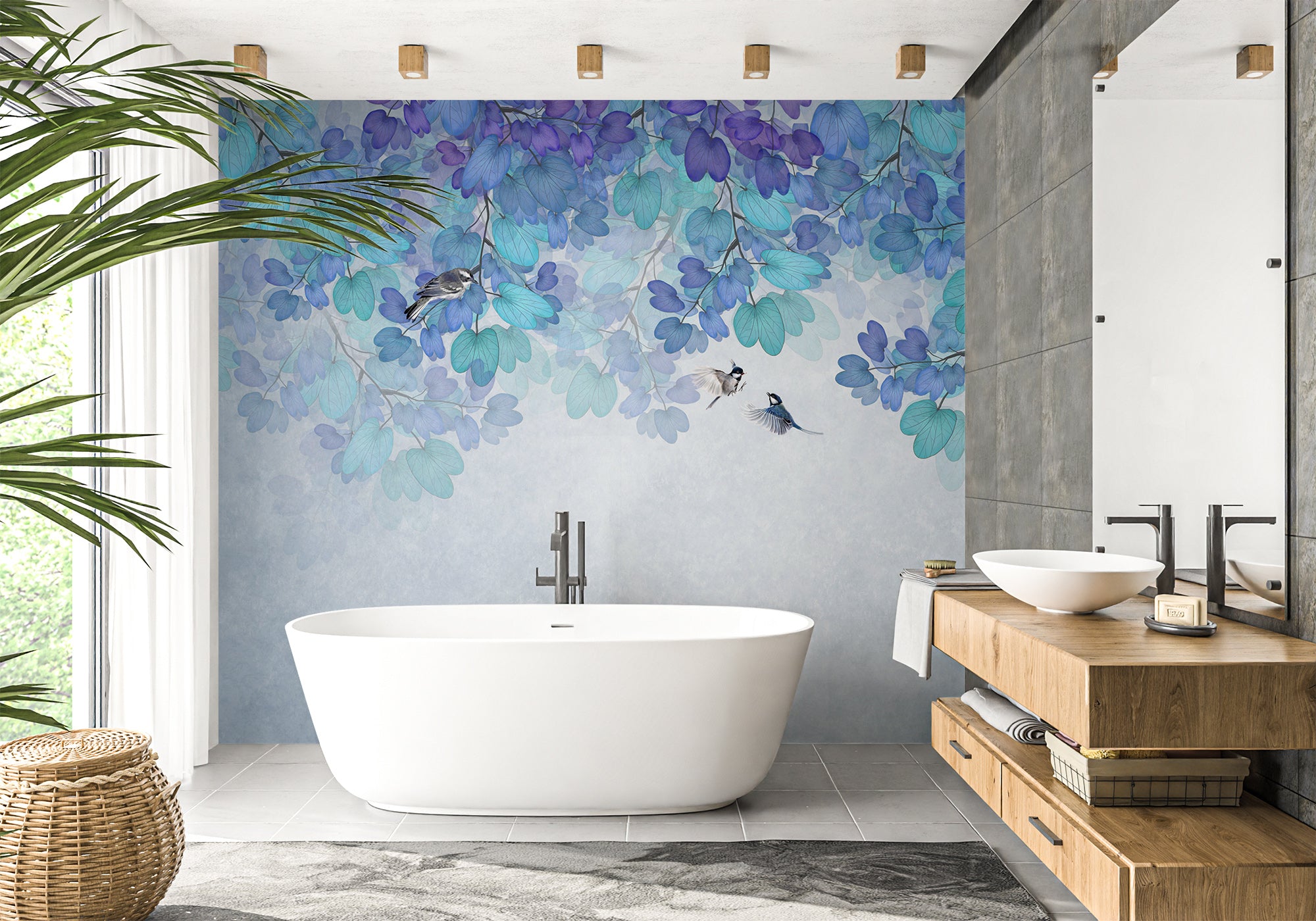 Papier peint salle de bain feuille bleu, XXL, tendance