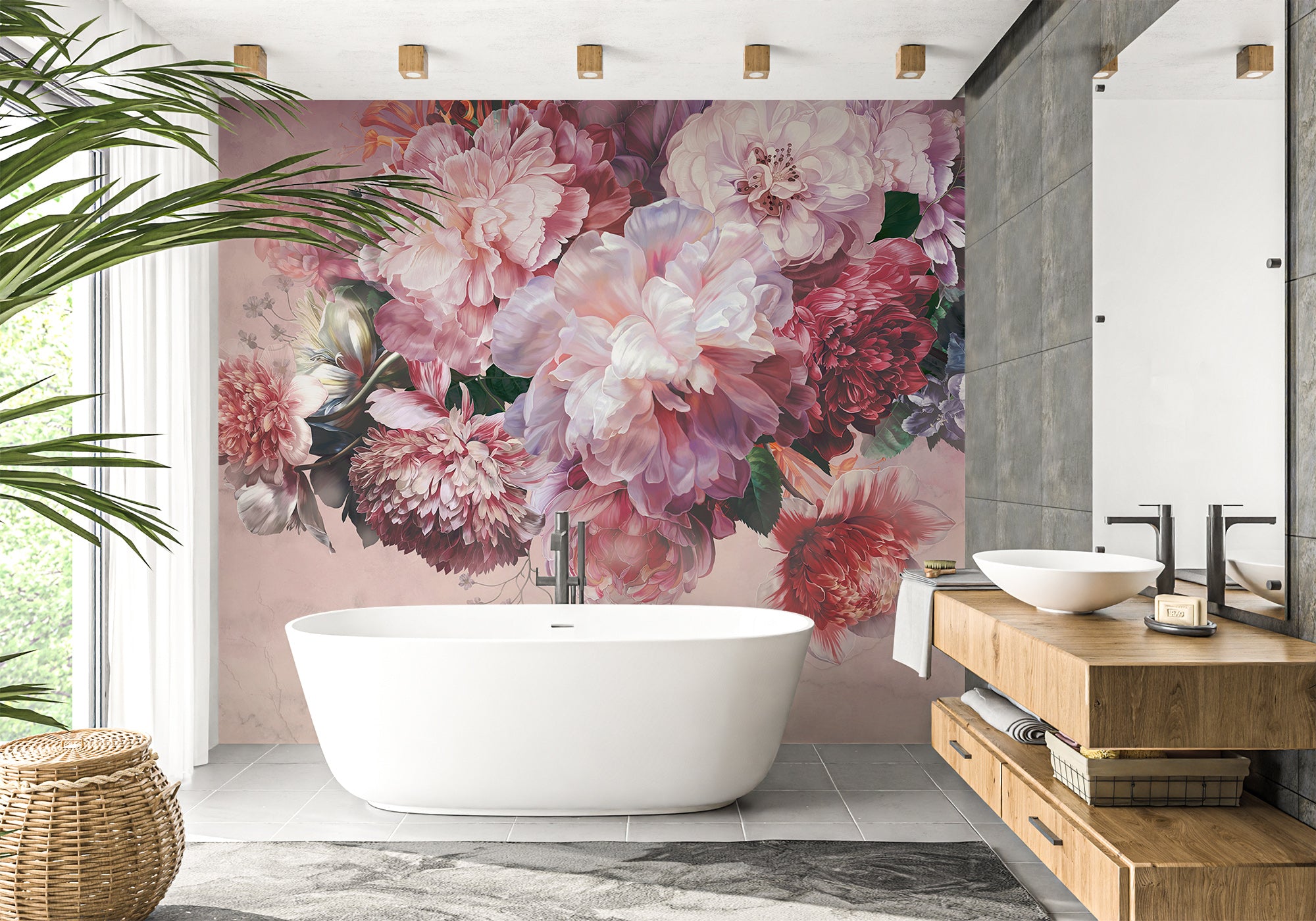 Papier peint panoramique pivoines rosé, mural concept, tendance