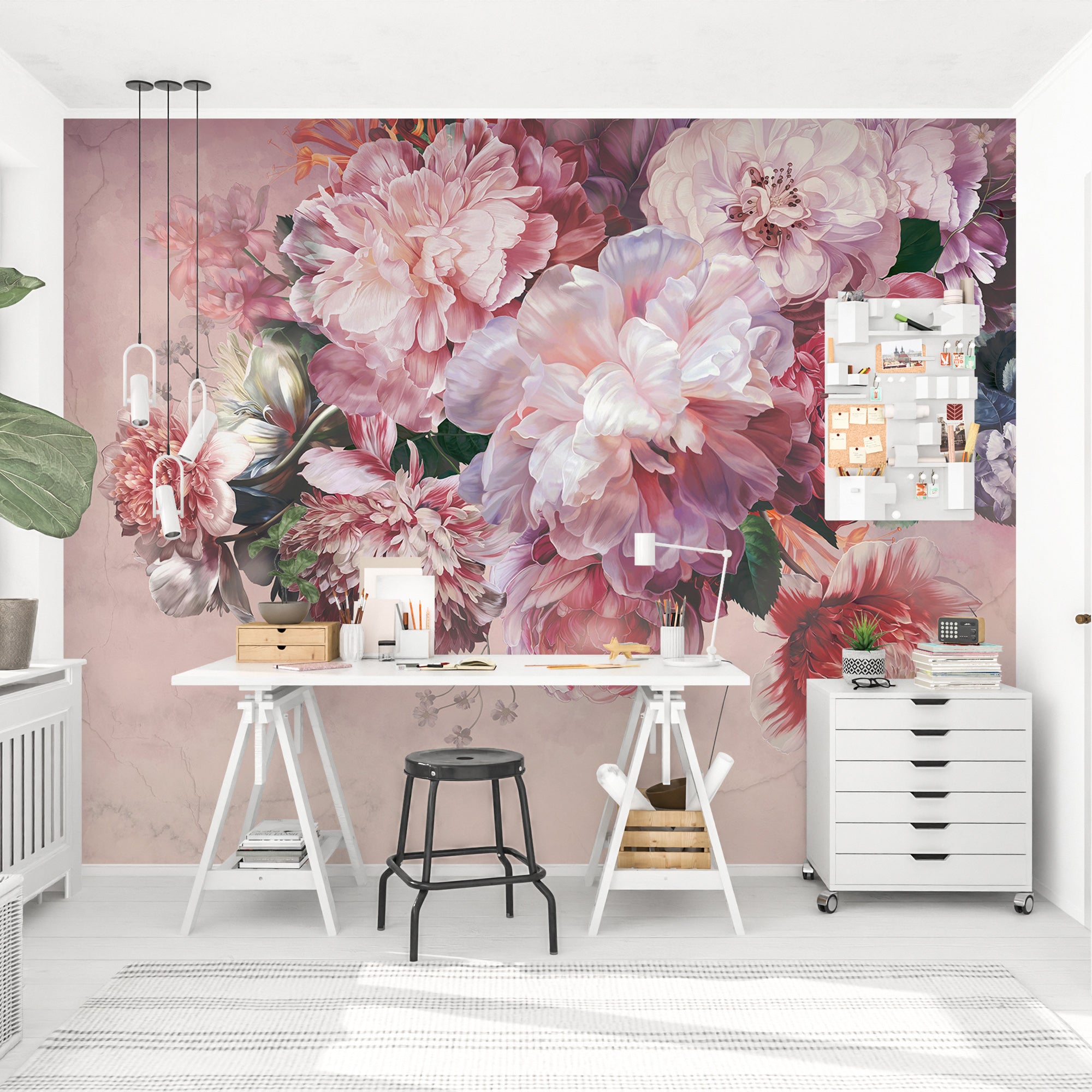 Papier peint panoramique pivoines rosé, mural concept, tendance