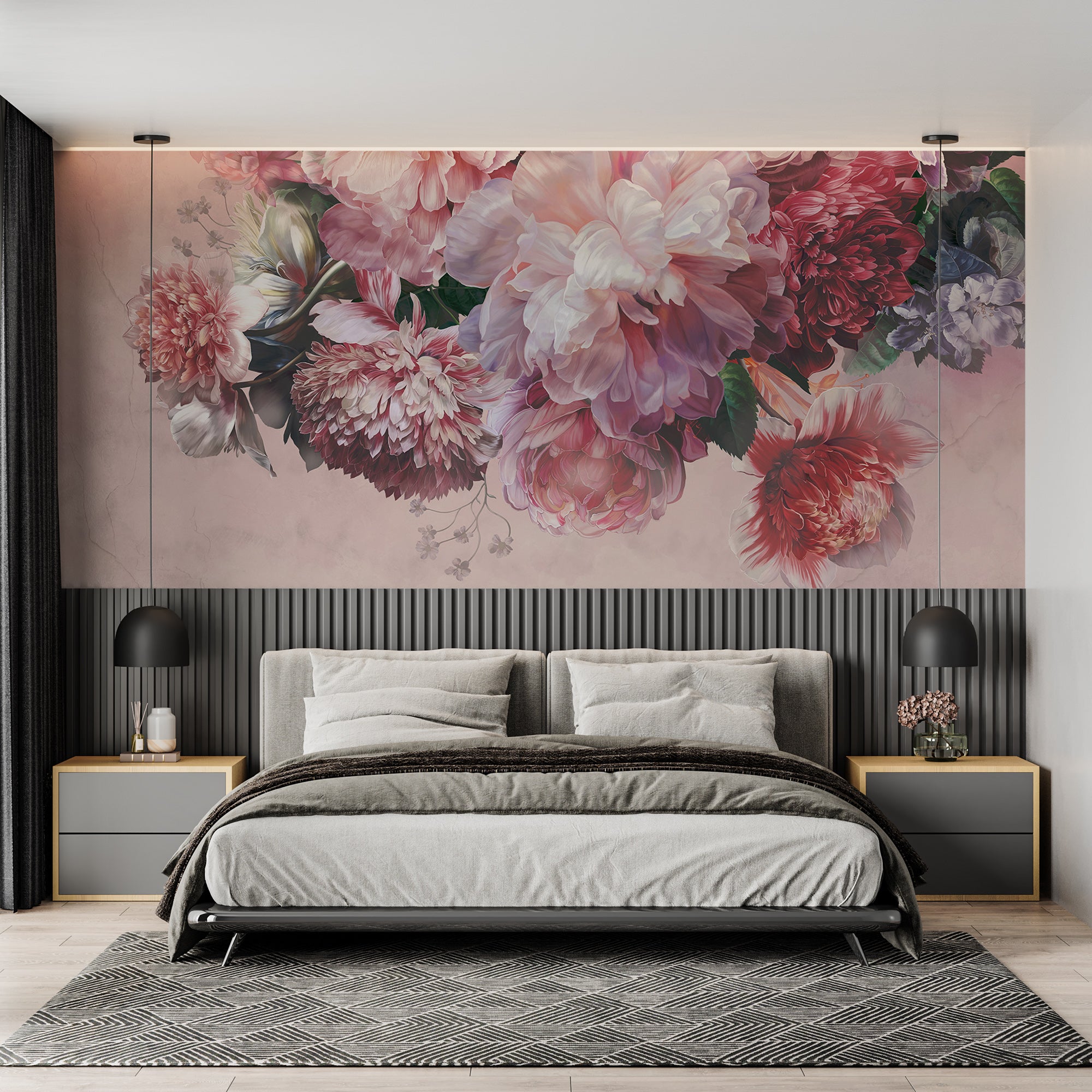 Papier peint panoramique pivoines rosé, mural concept, tendance