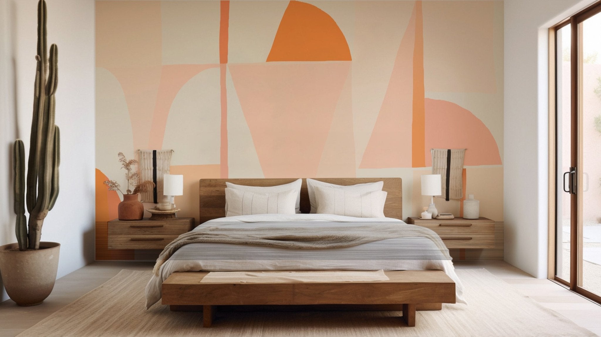 Papier peint abstrait géométrique peach, mural concept, tendance