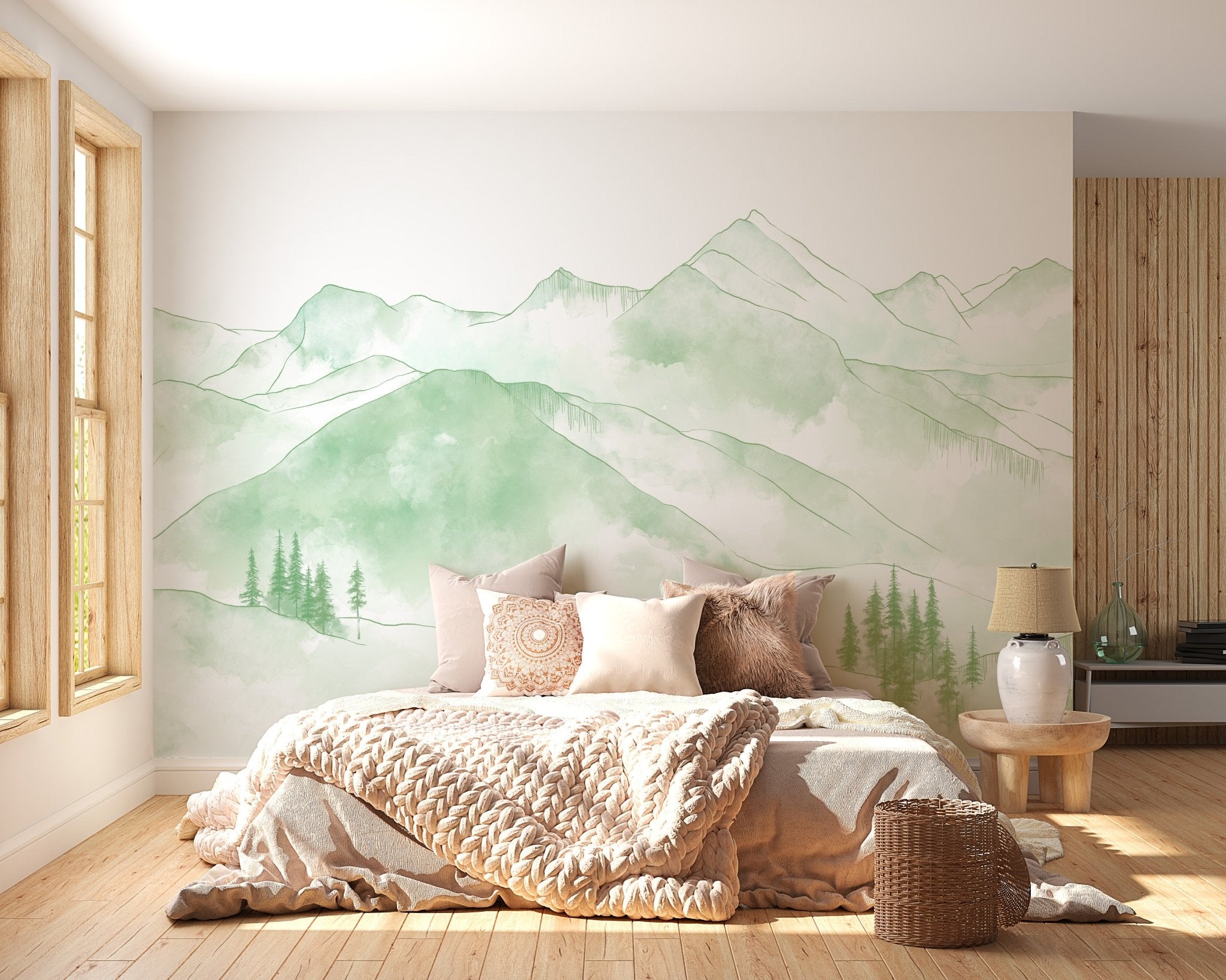 Papier peint montagne chaine des Aravis vert clair, mural concept, tendance