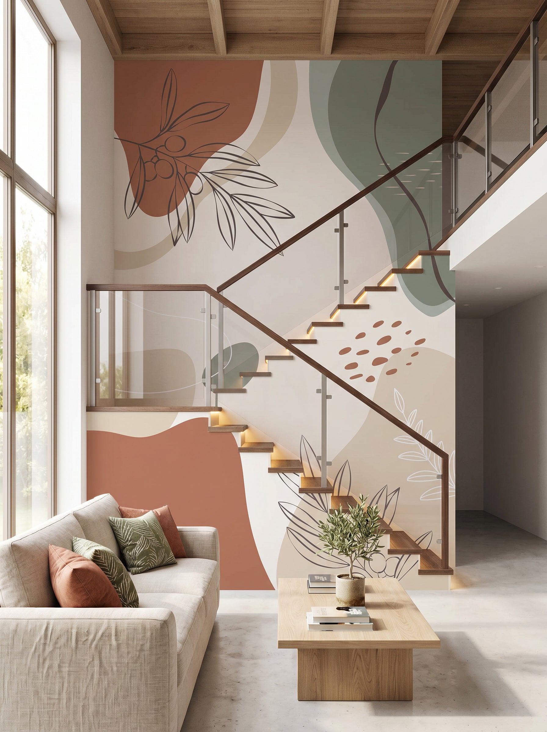Papier peint Escalier - Feuillage olivaissance - Muralconcept