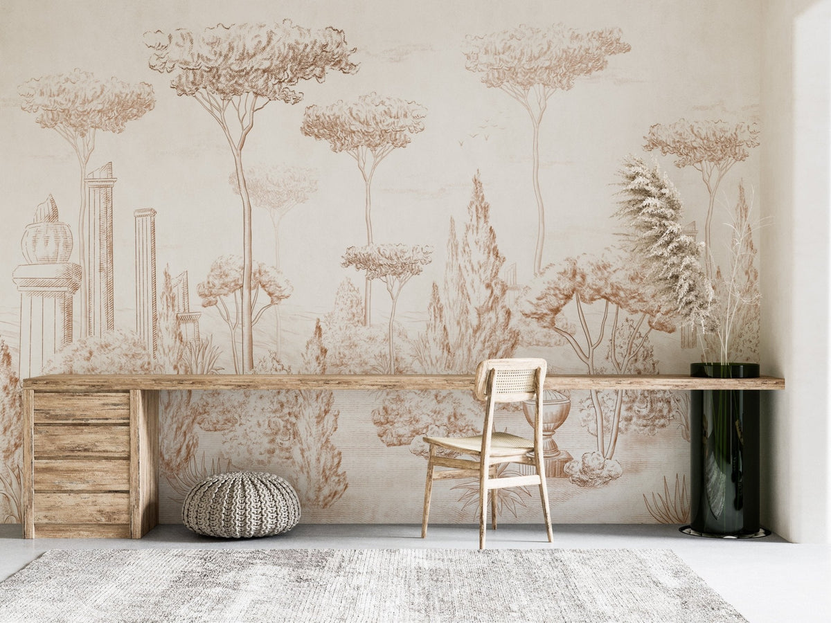 Sepia pine forest Roman-style wallpaper