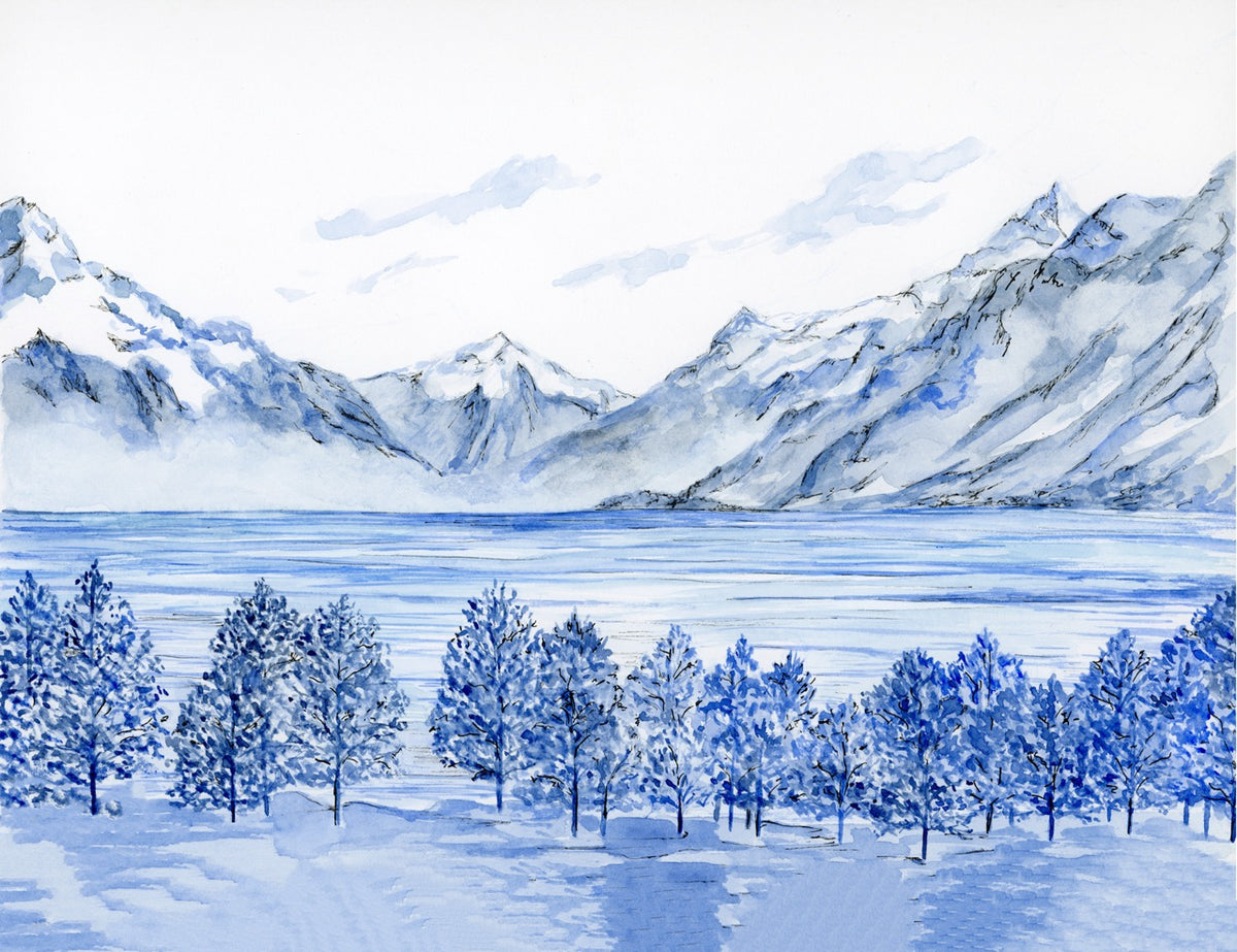 Papier peint panoramique Lac Léman rives alpines – Aquarelle et encre de Chine