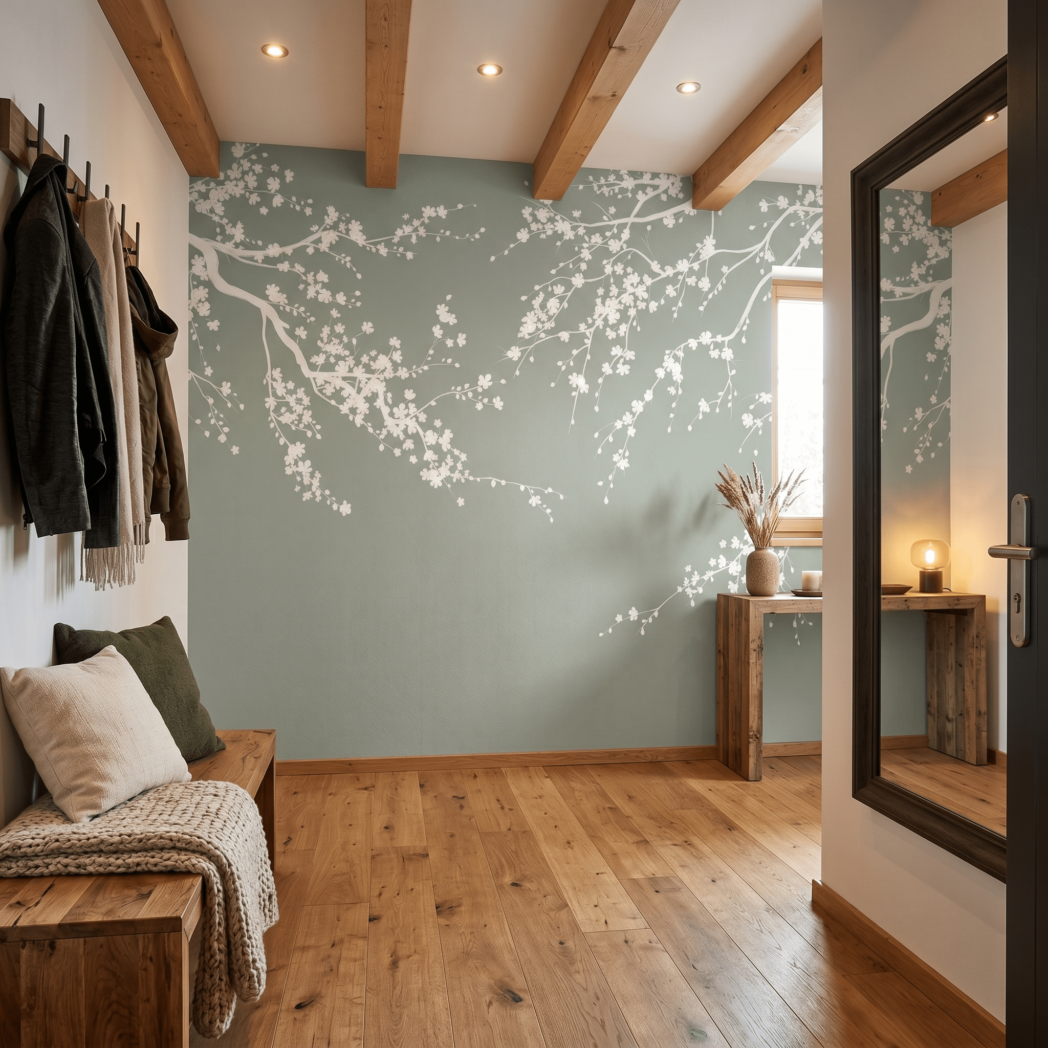 Papier peint panoramique Sakura vert sauge - Muralconcept