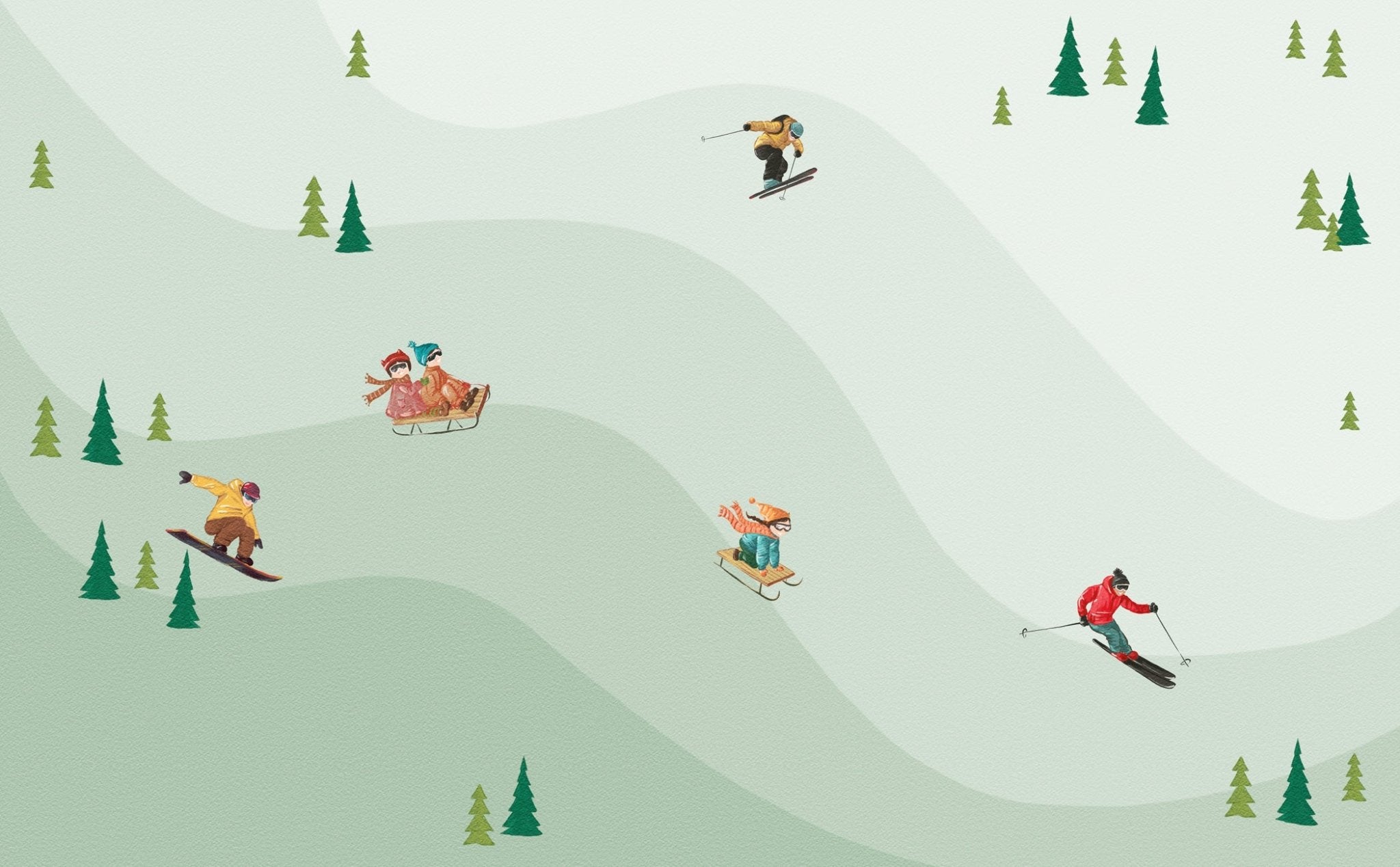 Papier peint enfant skieurs vert, XXL, tendance