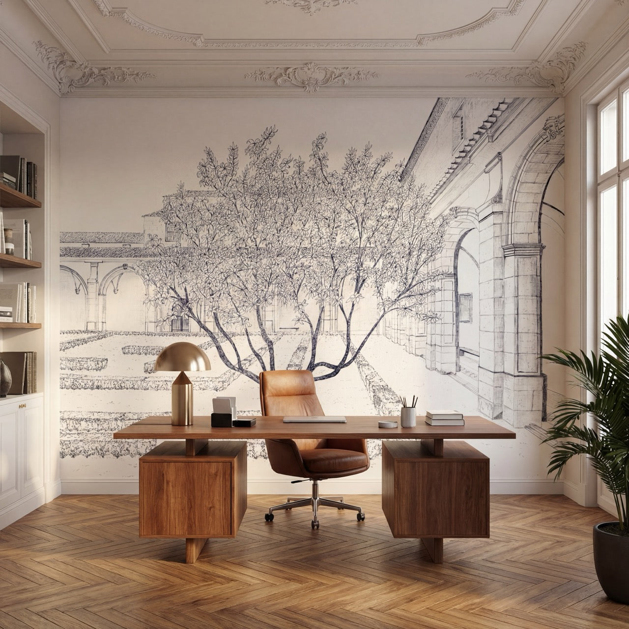 Papier peint panoramique sous les arcades – Jardin en gravure