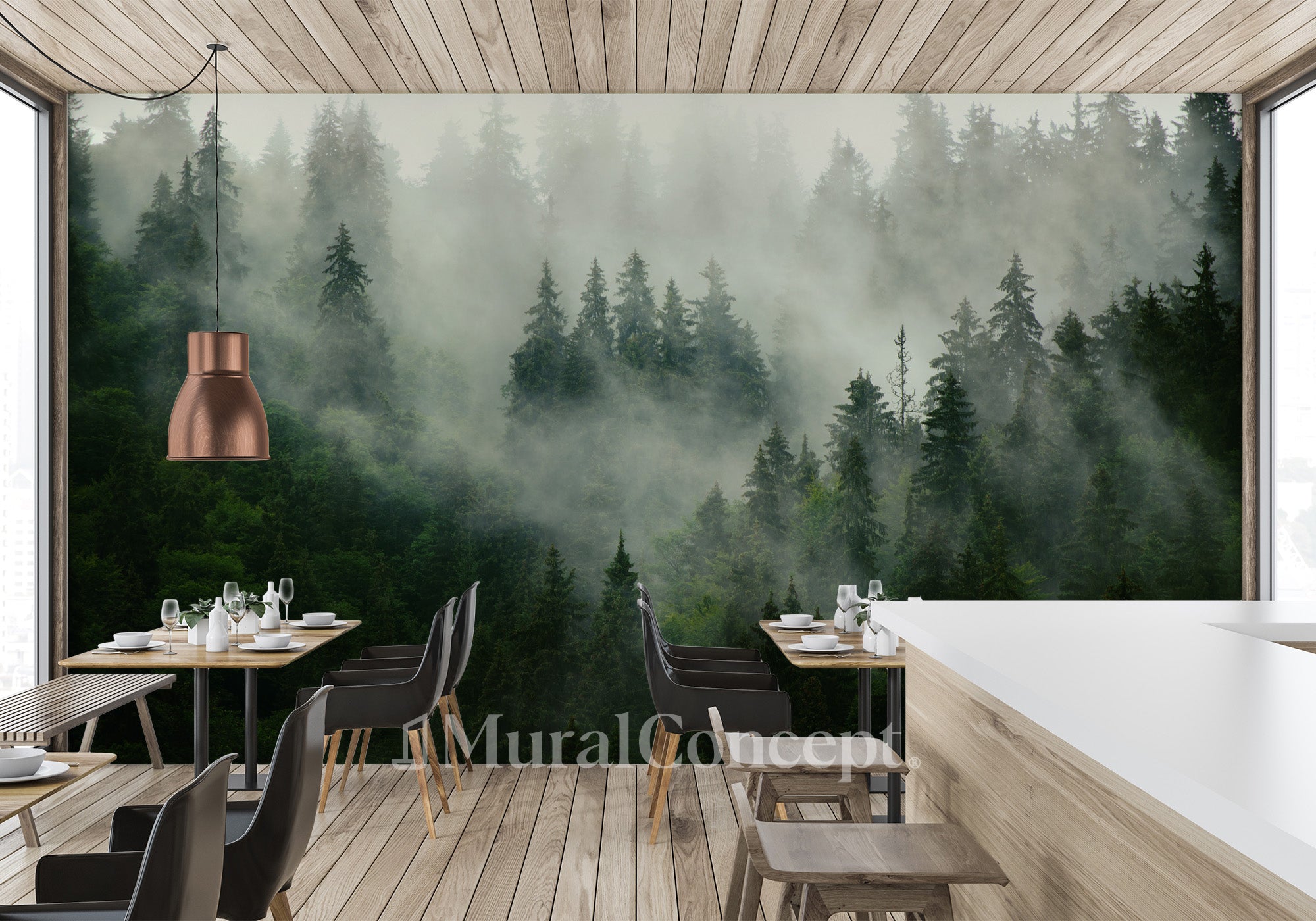 Papier peint forêt brumeuse verte - panoramique sur mesure francais - muralconcept
