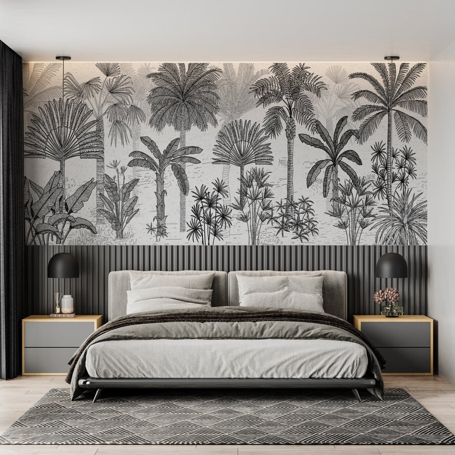 Papier peint jungle cocotier tendance gravure - papier peint sur mesure francais - muralconcept