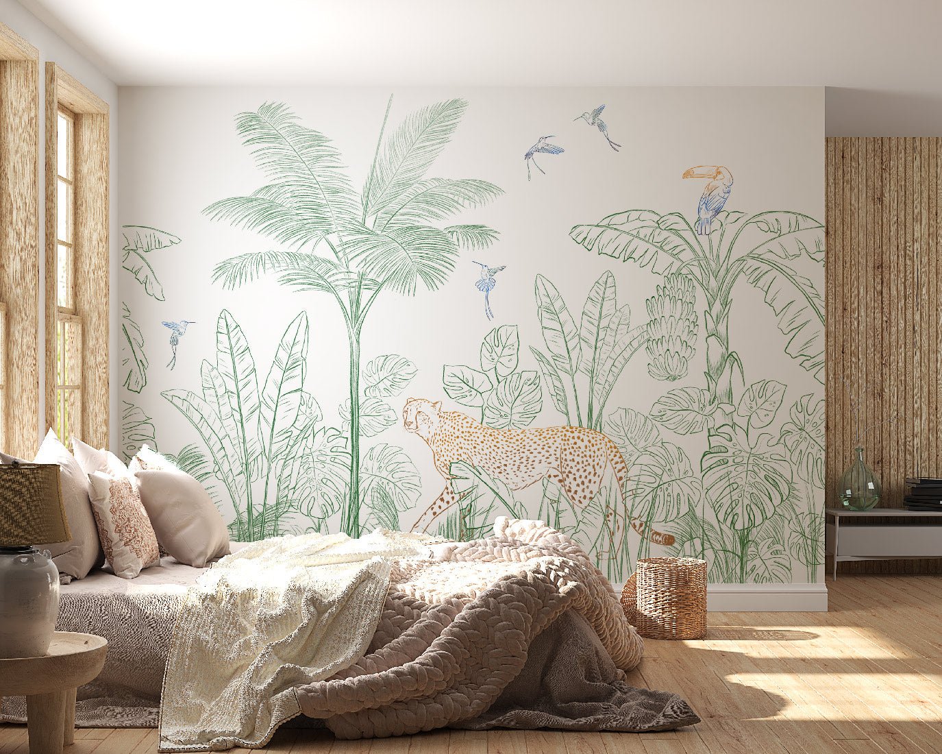 Papier peint jungle léopard vert - papier peint sur mesure francais - muralconcept