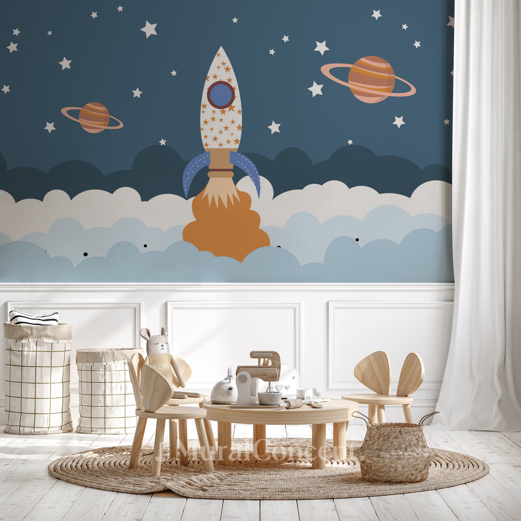 Papier peint chambre enfant fusée univers espace - décor mural sur mesure français