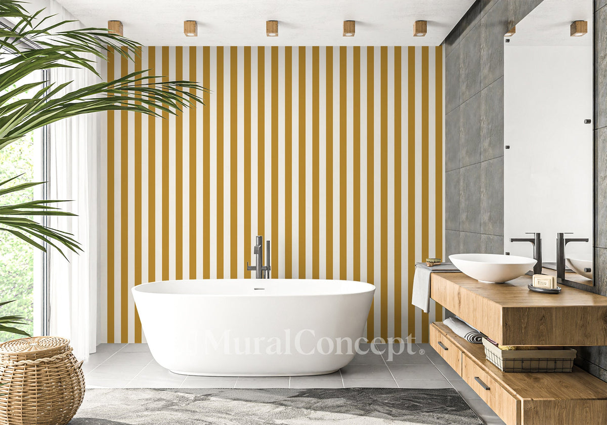Retro stripe bathroom wallpaper mustard yellow