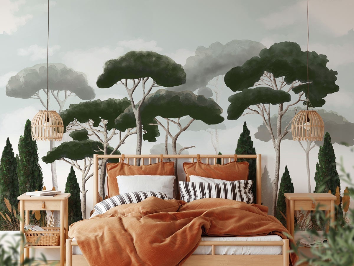 Papier peint sur mesure cyprès pins et herbes de la pampa - papier peint sur mesure francais - muralconcept