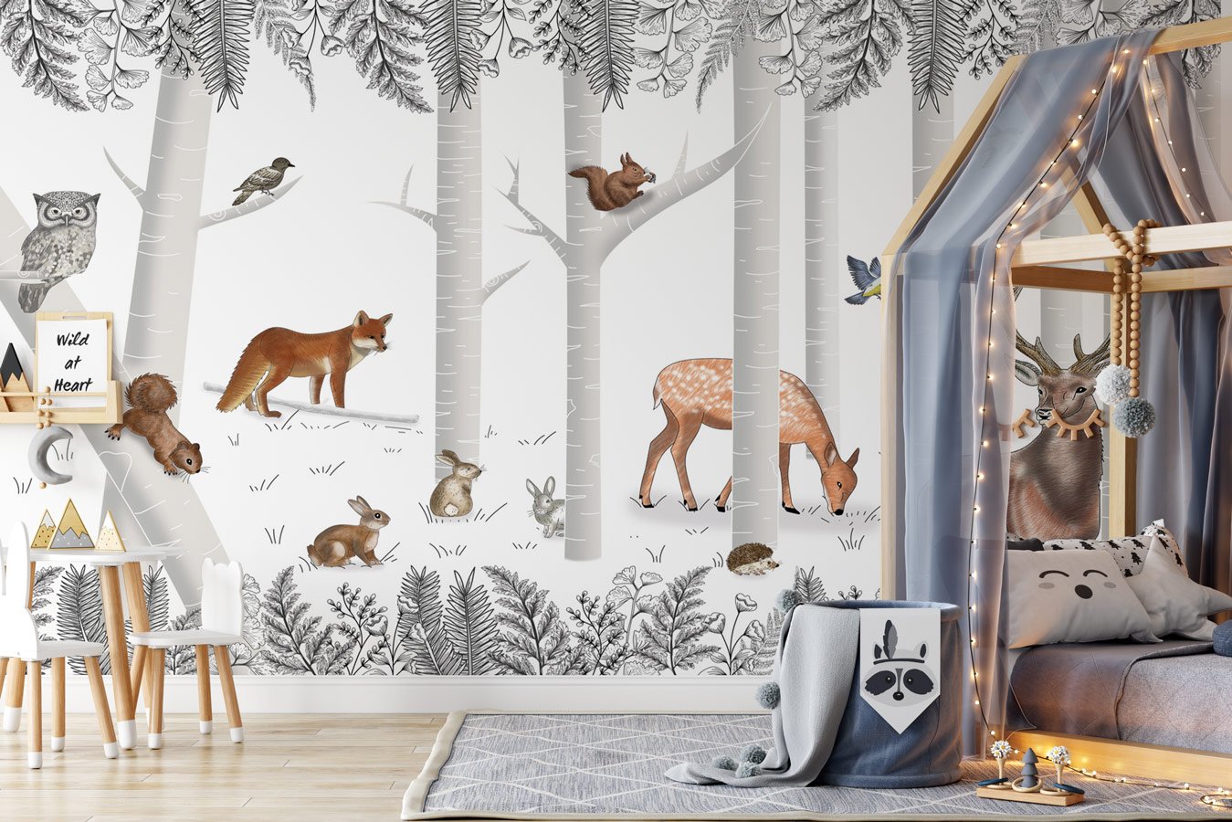 Papier peint bois enchanté et ses animaux - papier peint sur mesure francais - muralconcept