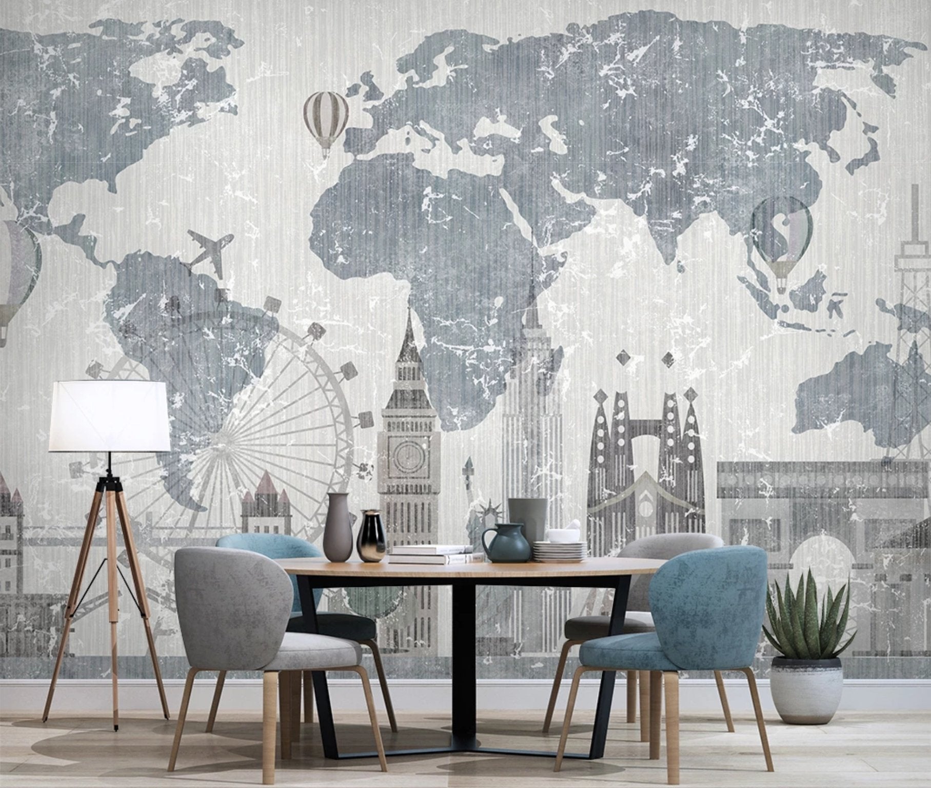 Papier peint Carte du monde Vintage & Monuments - papier peint sur mesure francais - muralconcept