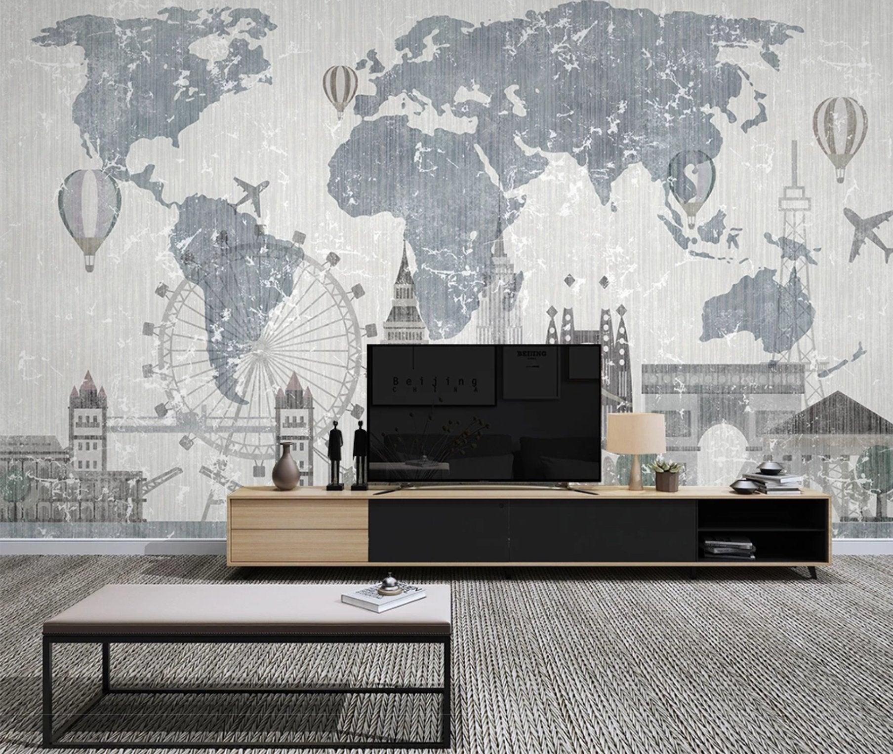 Vintage World Map & Monuments wallpaper - #shop_name - Muralconcept