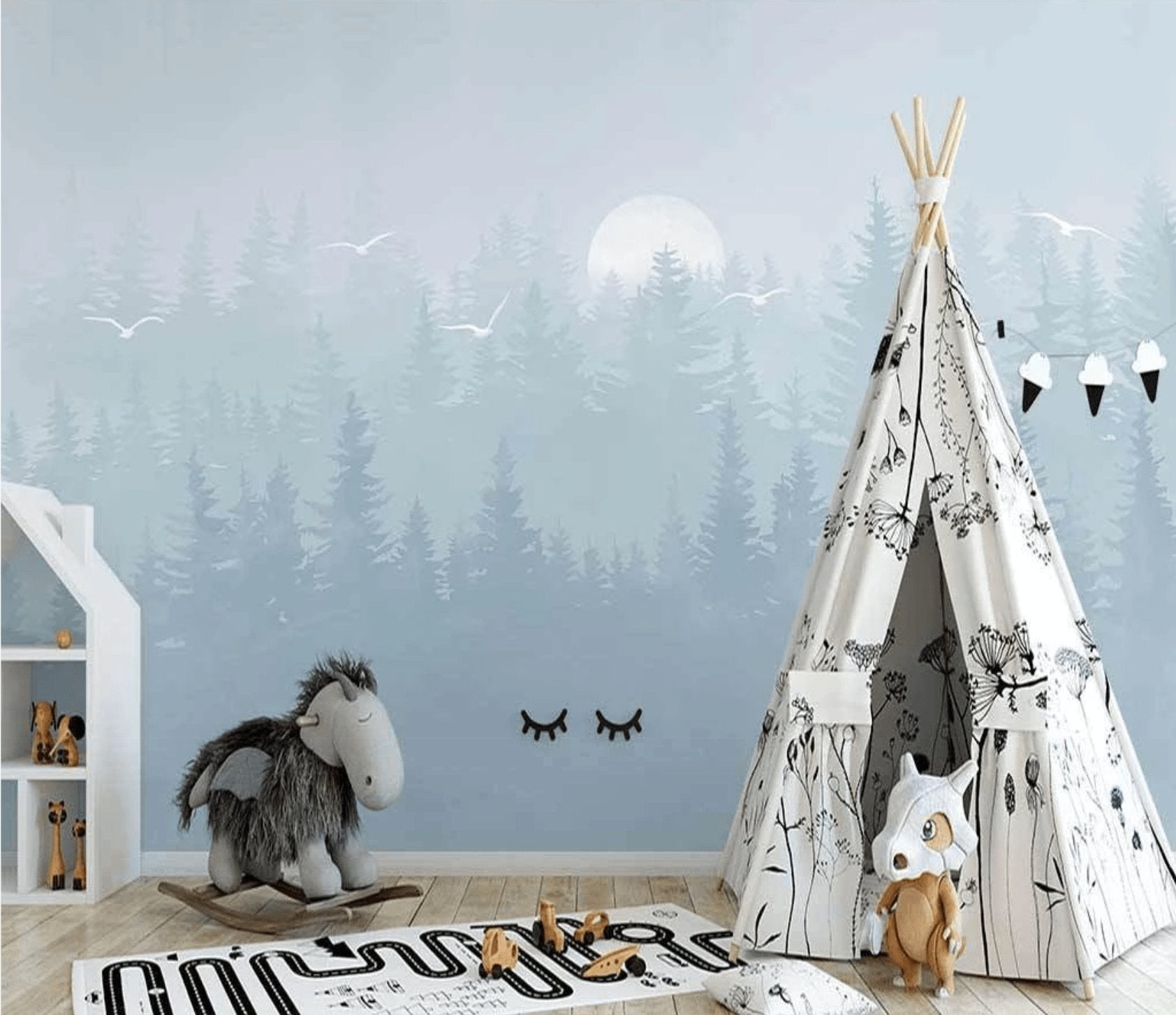 Papier peint chambre enfant forêt scandinave bleu - papier peint sur mesure francais - muralconcept